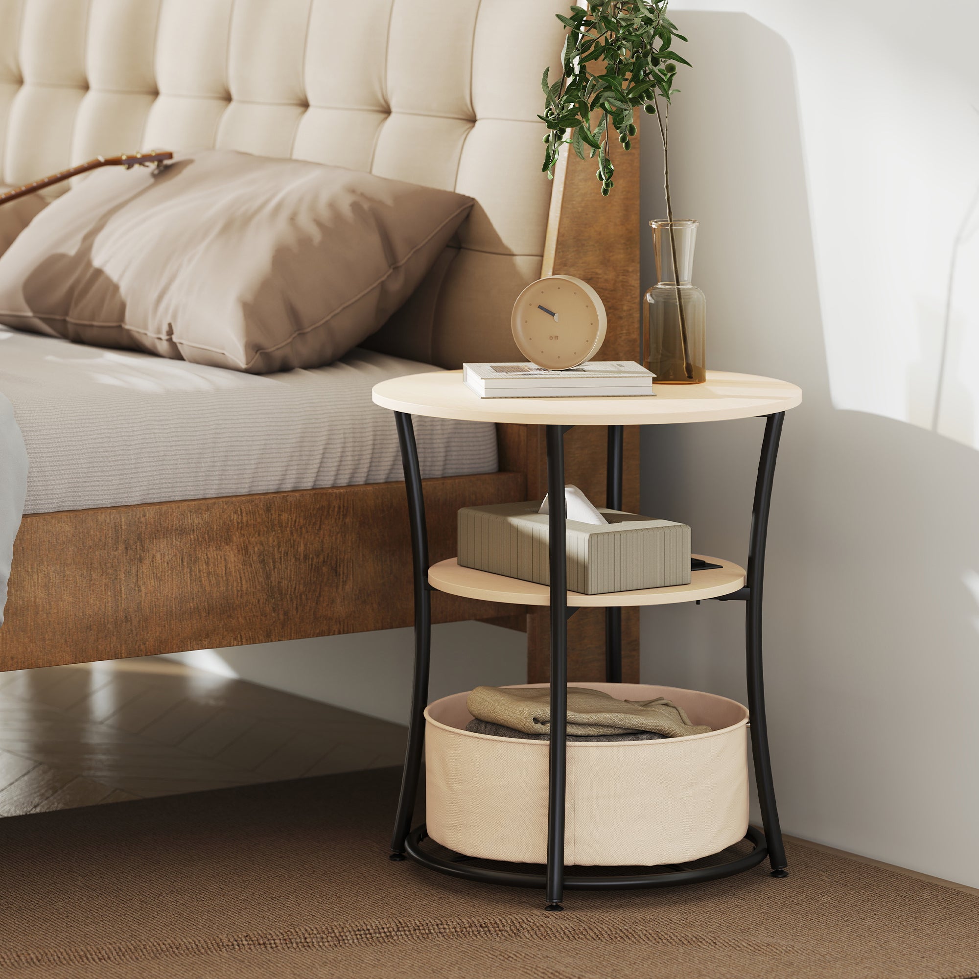 Round Side Table with Charging Station, 3-Tier End Table with Fabric Storage Bag, Shelf and Steel Frame for Living Room, Natural Wood