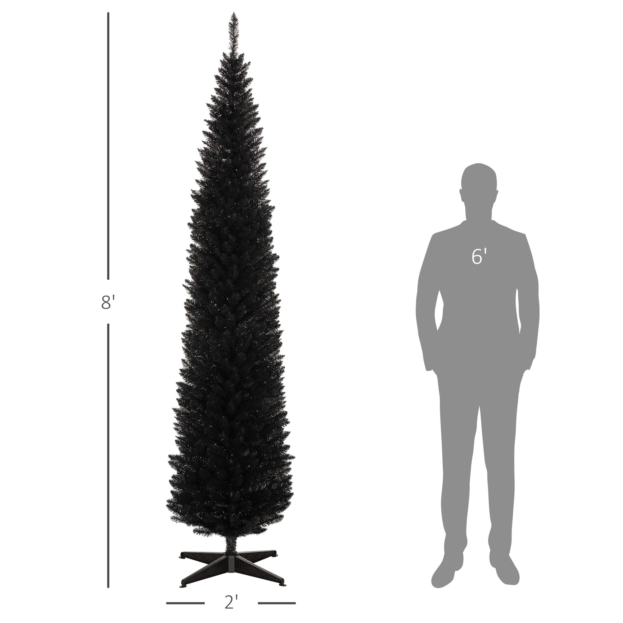 8ft Unlit Pencil Artificial Christmas Tree with Realistic Branches and 618 Tips Plastic Base Black