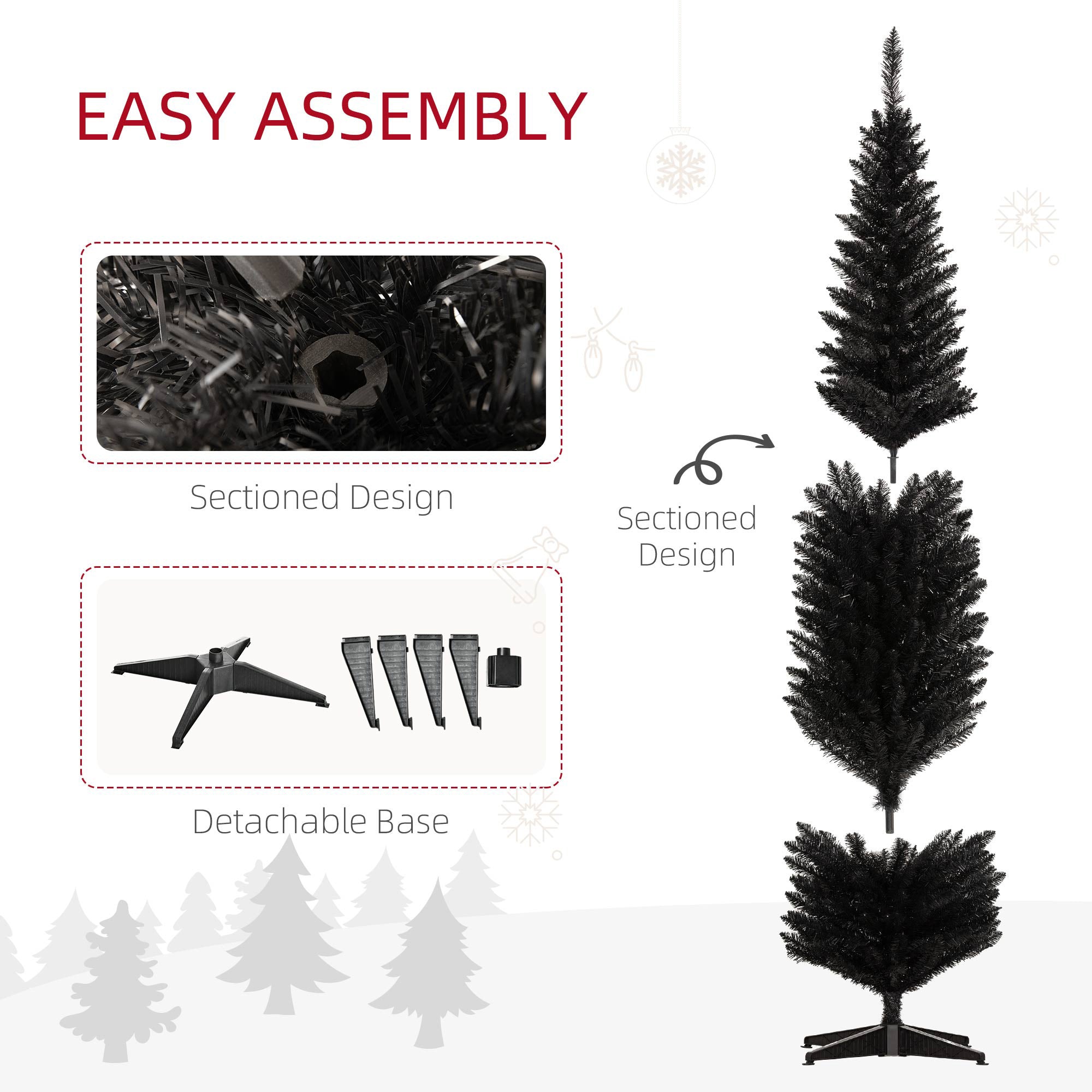 8ft Unlit Pencil Artificial Christmas Tree with Realistic Branches and 618 Tips Plastic Base Black