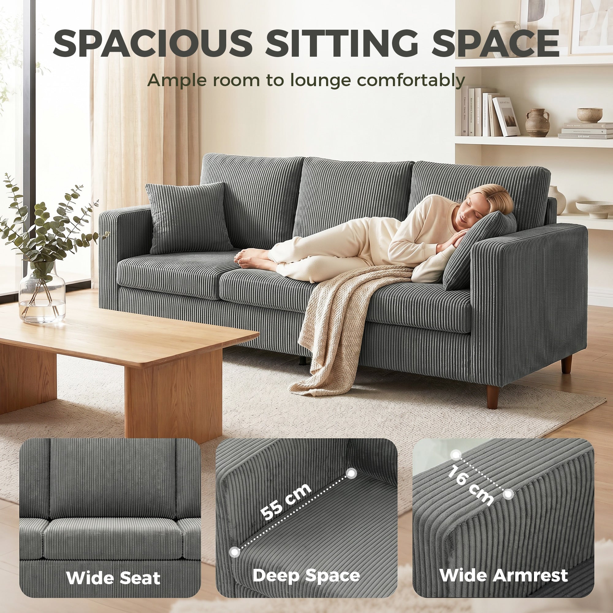 3 Seater Sofa, 225 cm Comfy Corduroy Couch with Wide Deep Seat, Wide Armrests, Spring Cushion, Thick Padded, Solid Wood Legs, Fabric Sofa for Living Room, Light Grey