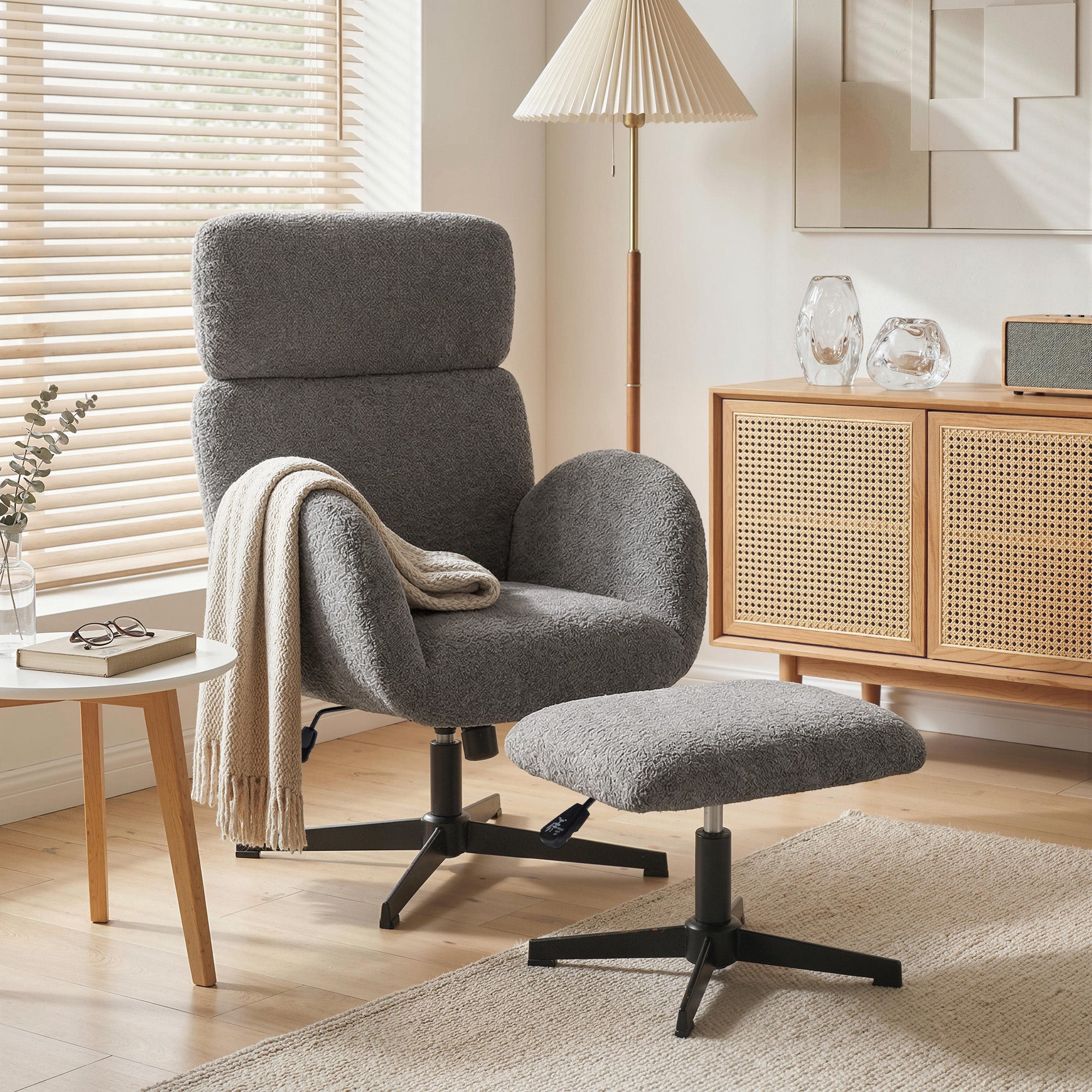 Swivel Armchair and Footstool Set, Raindrop Velvet Height Adjustable Accent Chair with Adjustable Headrest, Rocking Function, Wide Back, Modern Lounge Chair for Living Room, Grey