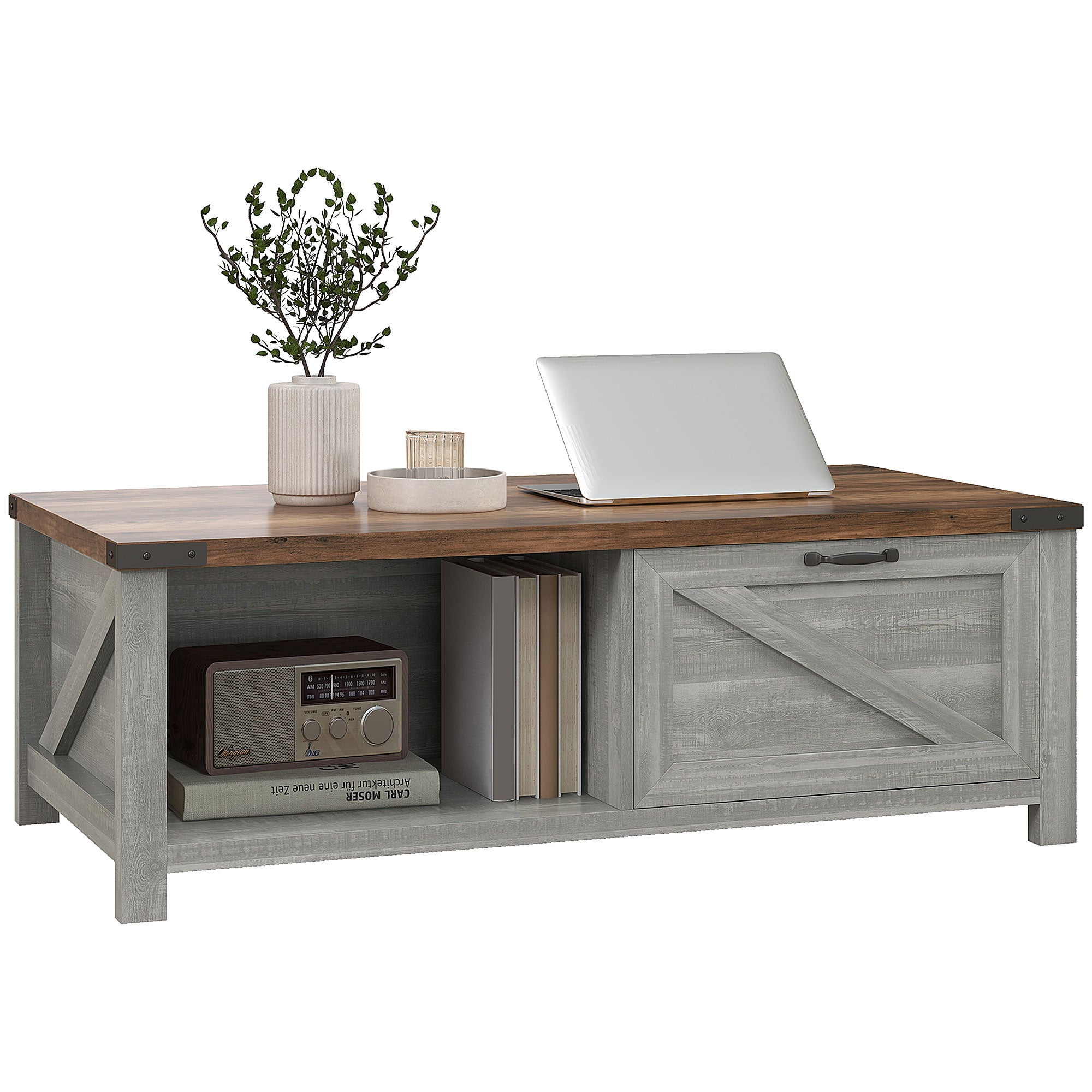 Coffee Table with Storage Farmhouse Living Room Table with Storage Drawer and Open Shelf Distressed Gray