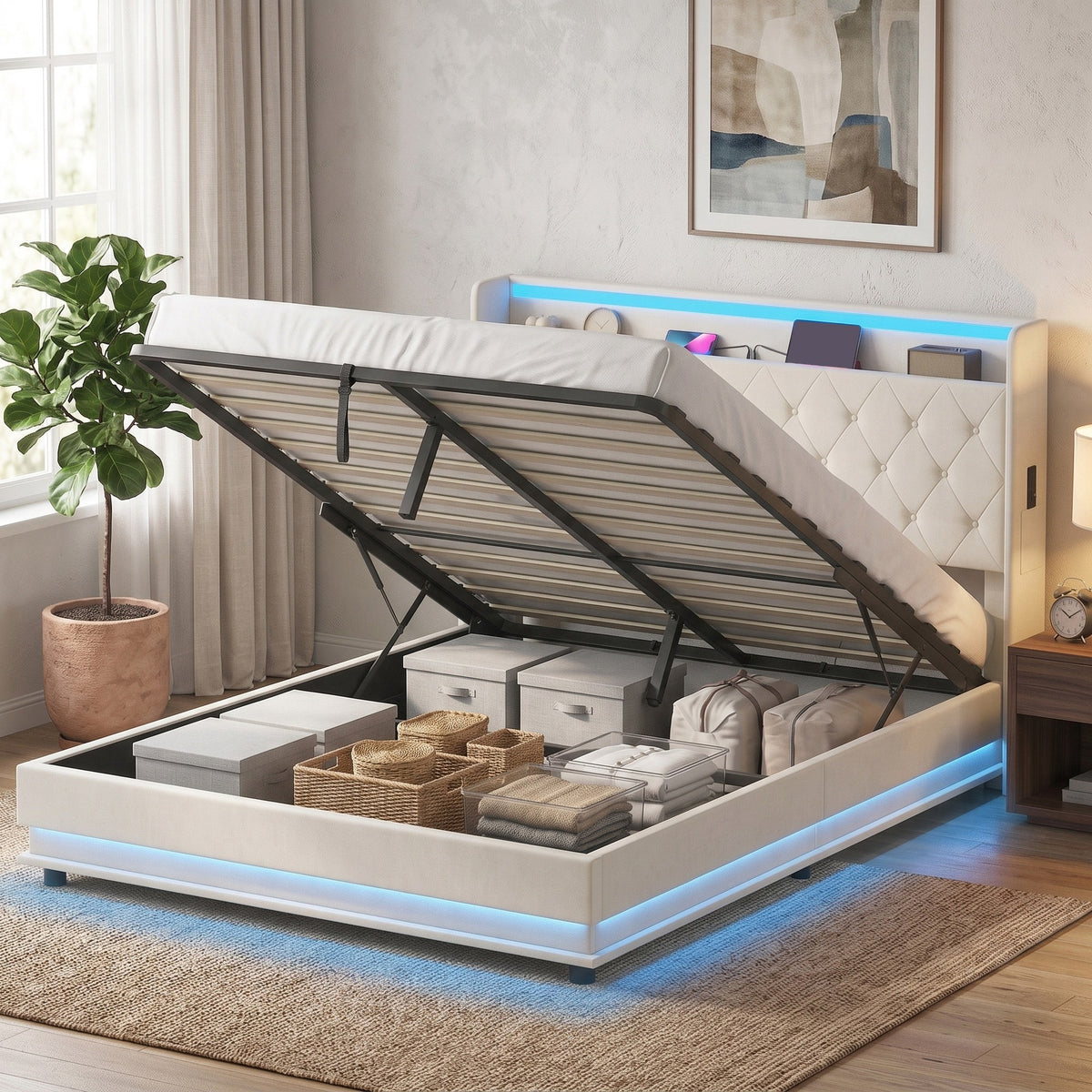 5ft King Ottoman Bed Frame with Hydraulic Storage, APP Control LED Lights and Charging Station, Upholstered Lift Up Storage Bed Frame with Headboard, No Box Spring Needed, Cream White
