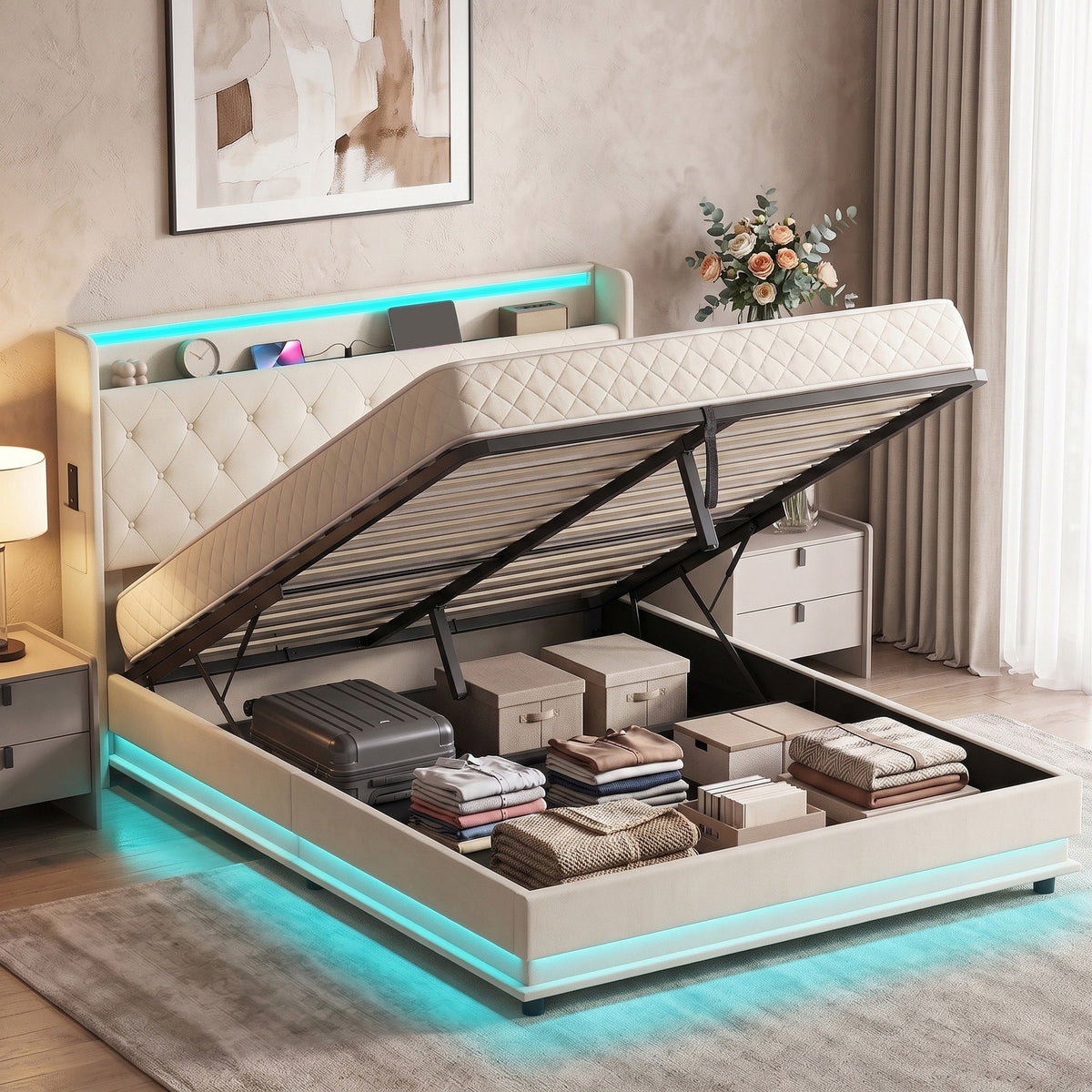5ft King Ottoman Bed Frame with Hydraulic Storage, APP Control LED Lights and Charging Station, Upholstered Lift Up Storage Bed Frame with Headboard, No Box Spring Needed, Cream White