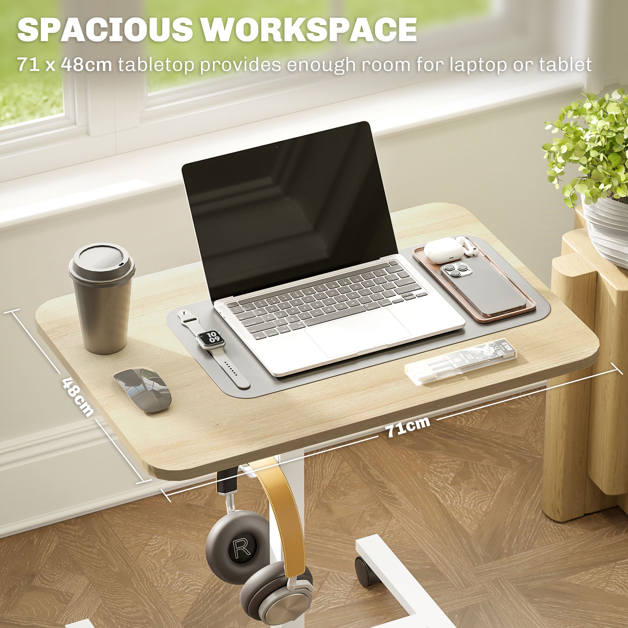 HOMCOM Height Adjustable Standing Desk, Pneumatic Sit Stand Desk for Laptop, Mobile Overbed Table with Wheels and Headphone Hook for Home Office, Natural Wood Finish