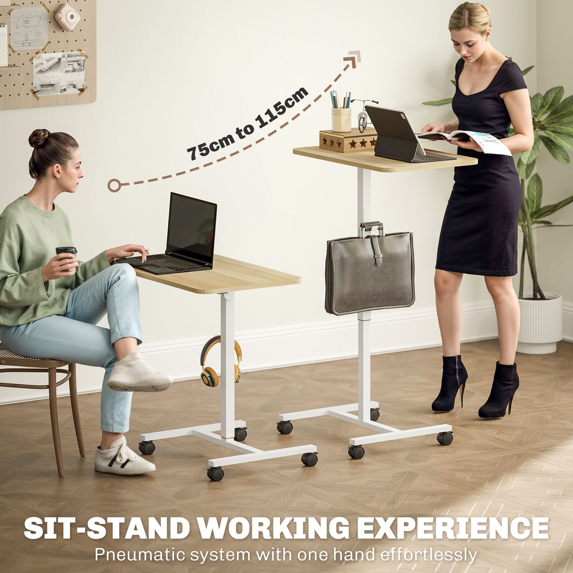 HOMCOM Height Adjustable Standing Desk, Pneumatic Sit Stand Desk for Laptop, Mobile Overbed Table with Wheels and Headphone Hook for Home Office, Natural Wood Finish