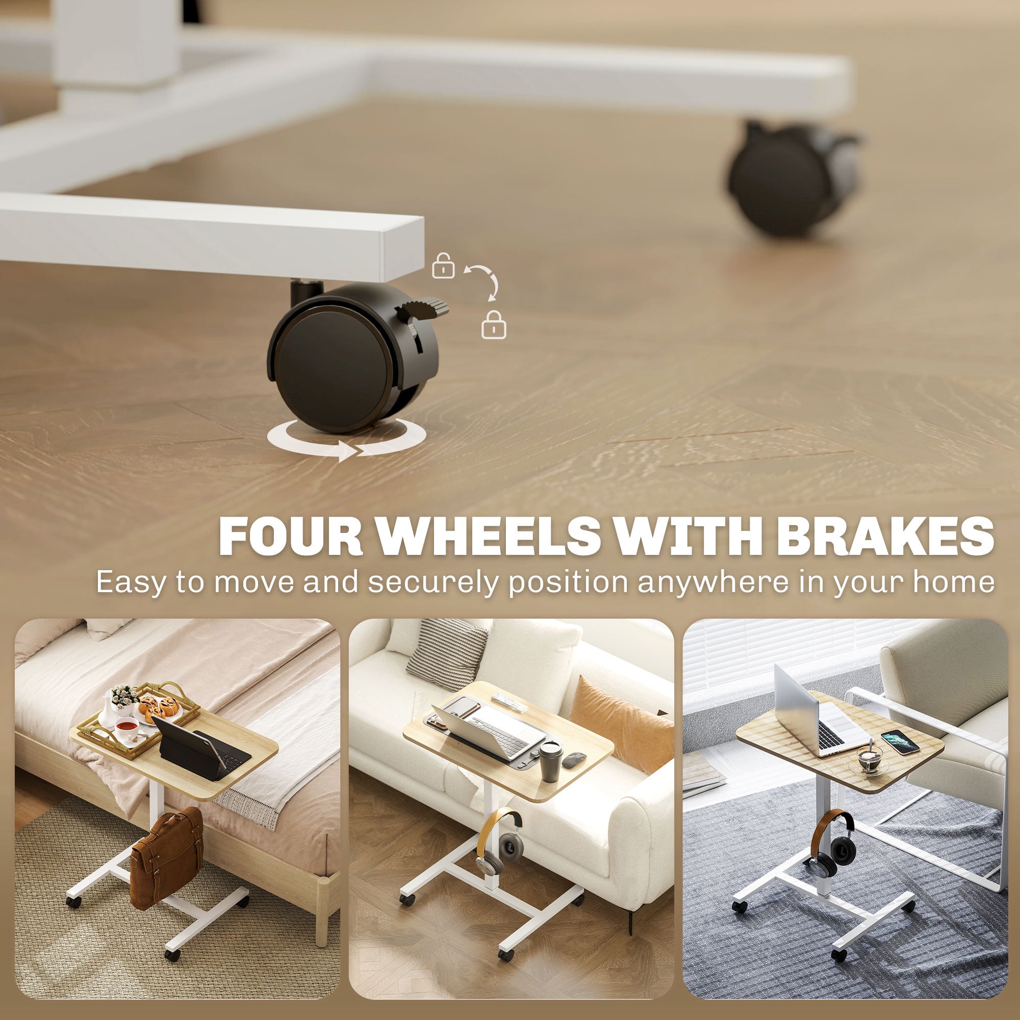 HOMCOM Height Adjustable Standing Desk, Pneumatic Sit Stand Desk for Laptop, Mobile Overbed Table with Wheels and Headphone Hook for Home Office, Natural Wood Finish
