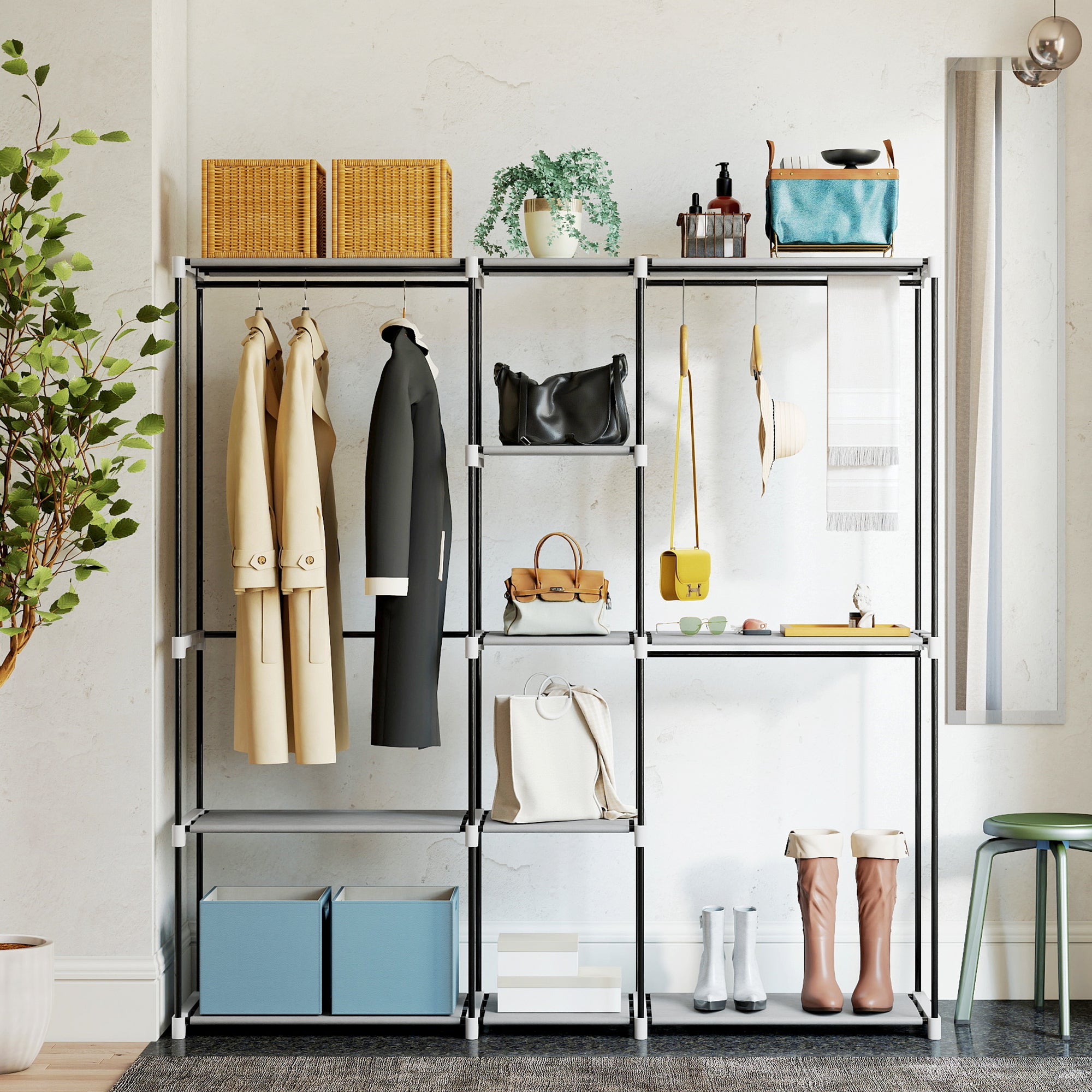 Portable Wardrobe, Open Clothes Wardrobe with 8 Shelves, 3 Hanging Rails, Freestanding Coat Rack Organiser, 182 x 43 x 185cm, Light Grey