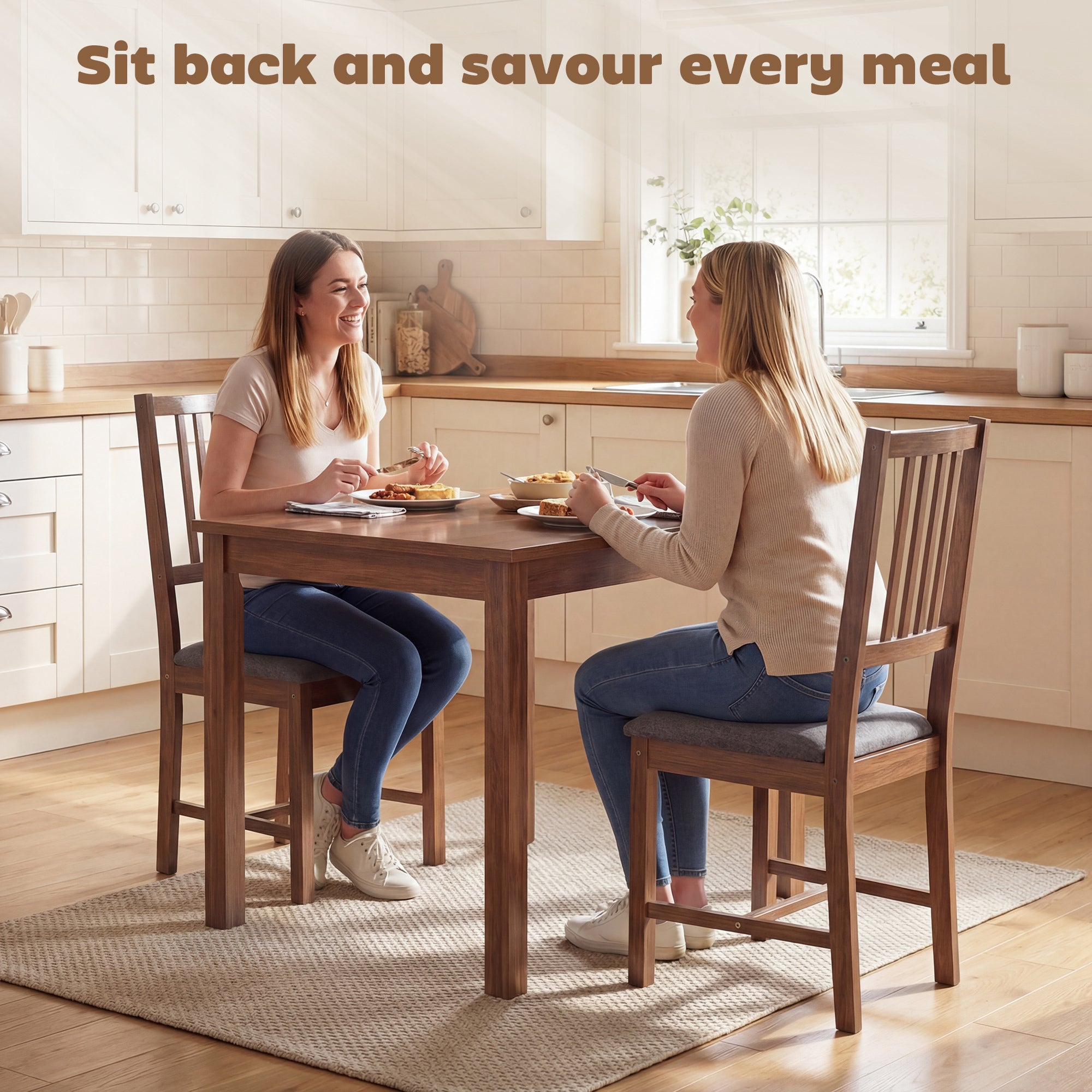 Wooden Dining Chairs Set of 2, Mid-Century Modern Upholstered Kitchen Chairs with Slat Backrest, Rubberwood Legs and Padded Seat for Dining Room, Living Room, Gray