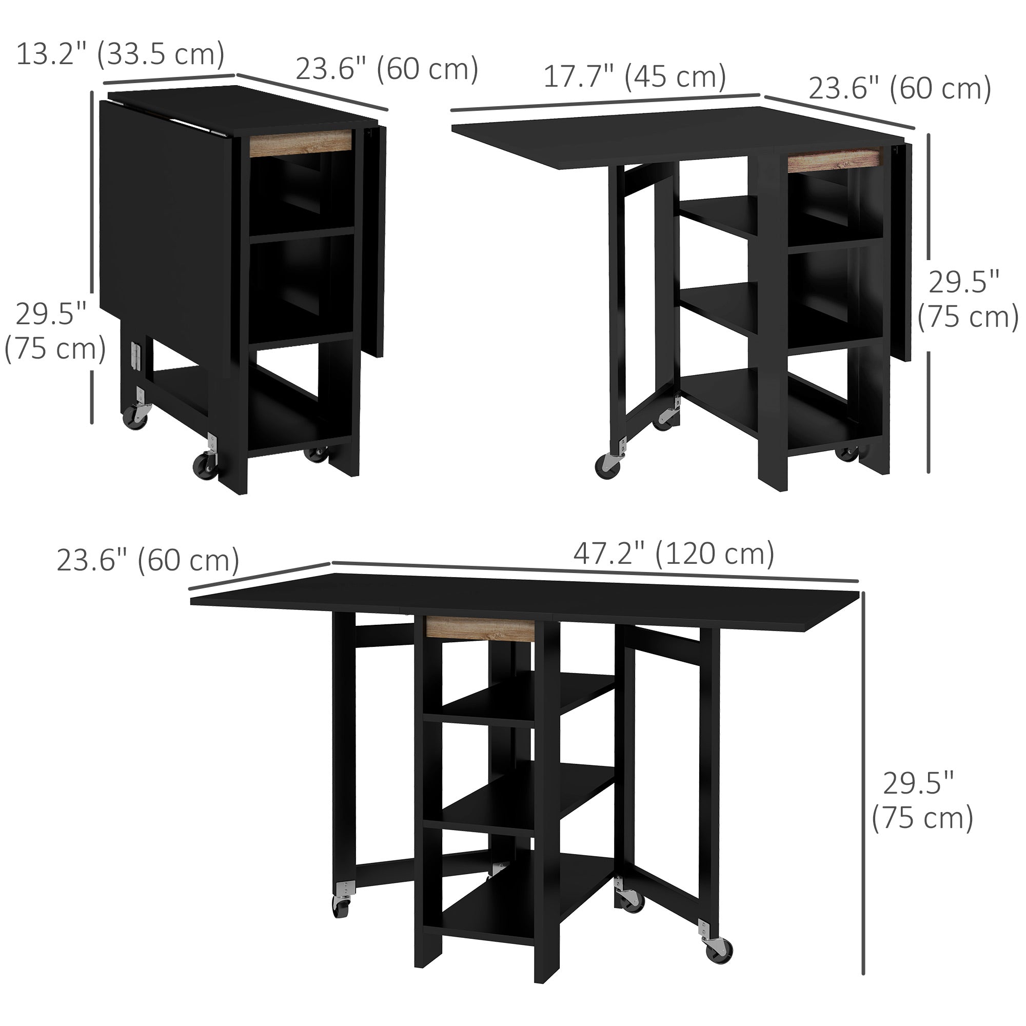 HOMCOM Folding Dining Table, Drop Leaf Table for Small Spaces, Foldable Table with Storage Shelves for Kitchen, Dining Room, Black