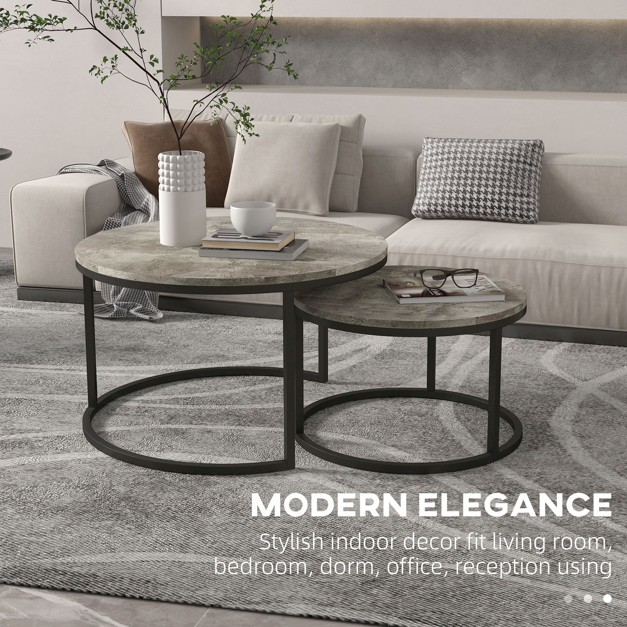 HOMCOM Nest of Tables, Round Coffee Table Set of 2, Coffee Tables with Steel Frame for Living Room, Cement Grey