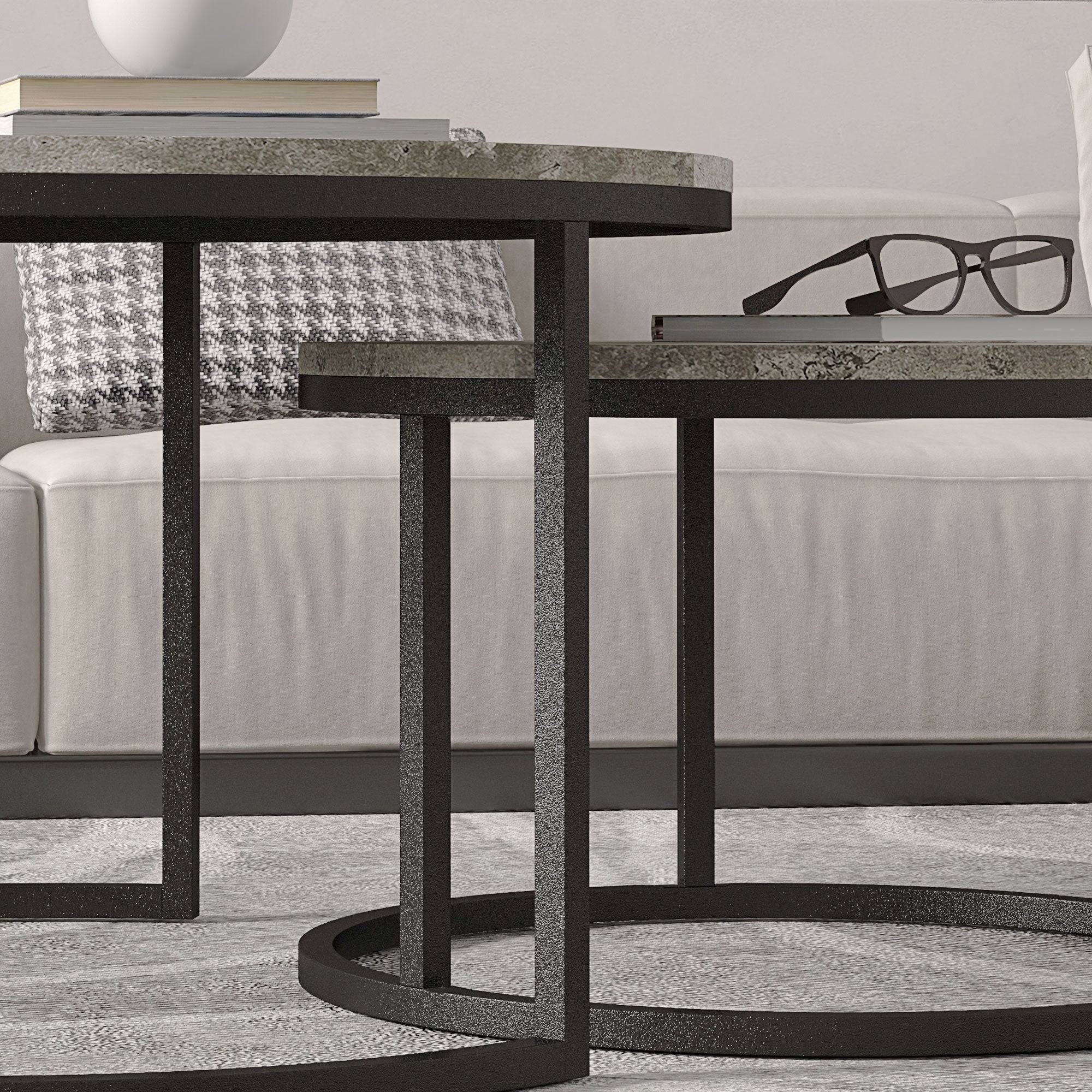 HOMCOM Nest of Tables, Round Coffee Table Set of 2, Coffee Tables with Steel Frame for Living Room, Cement Grey