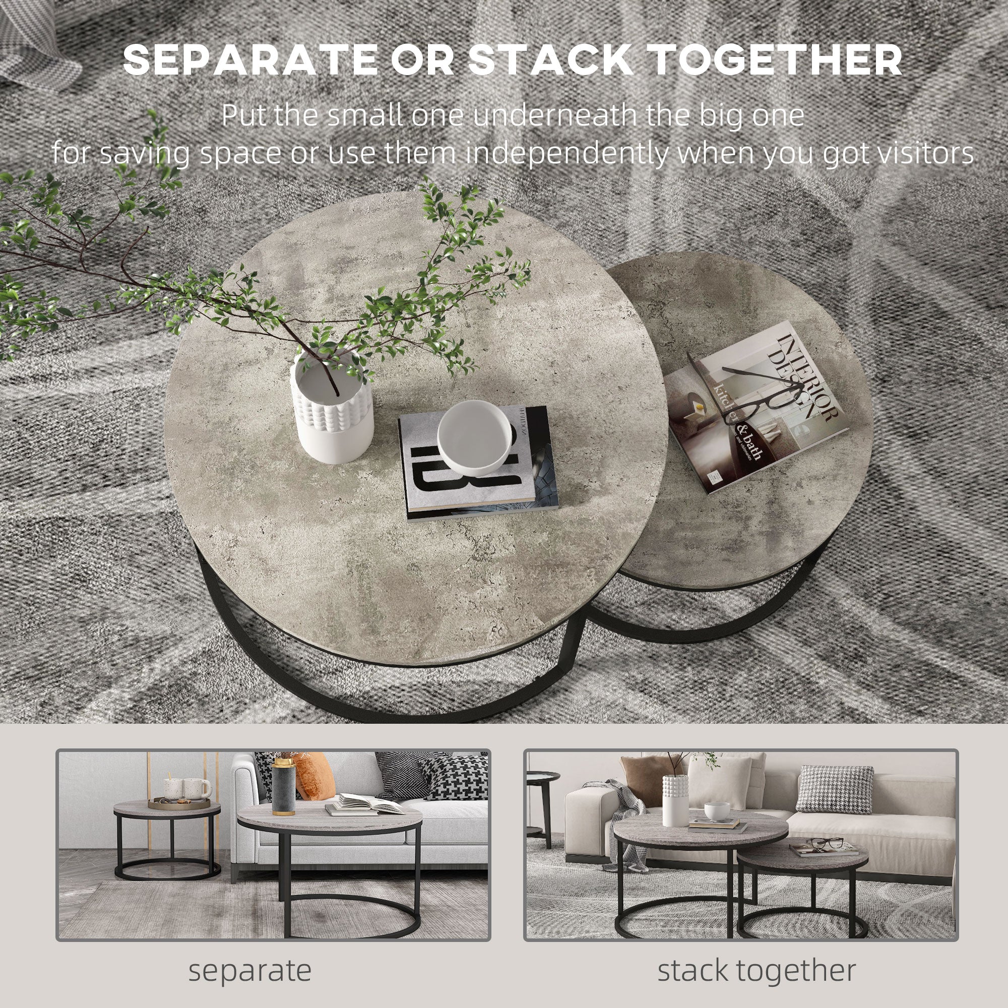 HOMCOM Nest of Tables, Round Coffee Table Set of 2, Coffee Tables with Steel Frame for Living Room, Cement Grey