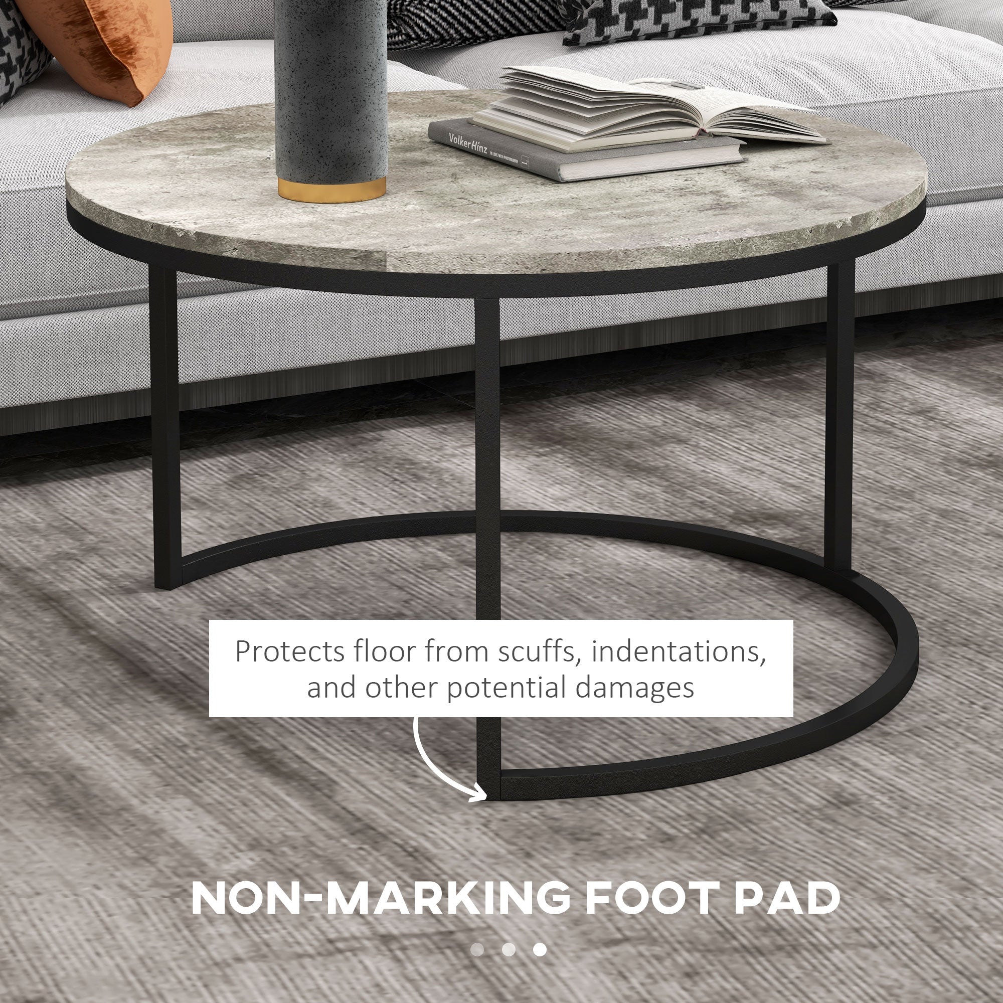 HOMCOM Nest of Tables, Round Coffee Table Set of 2, Coffee Tables with Steel Frame for Living Room, Cement Grey