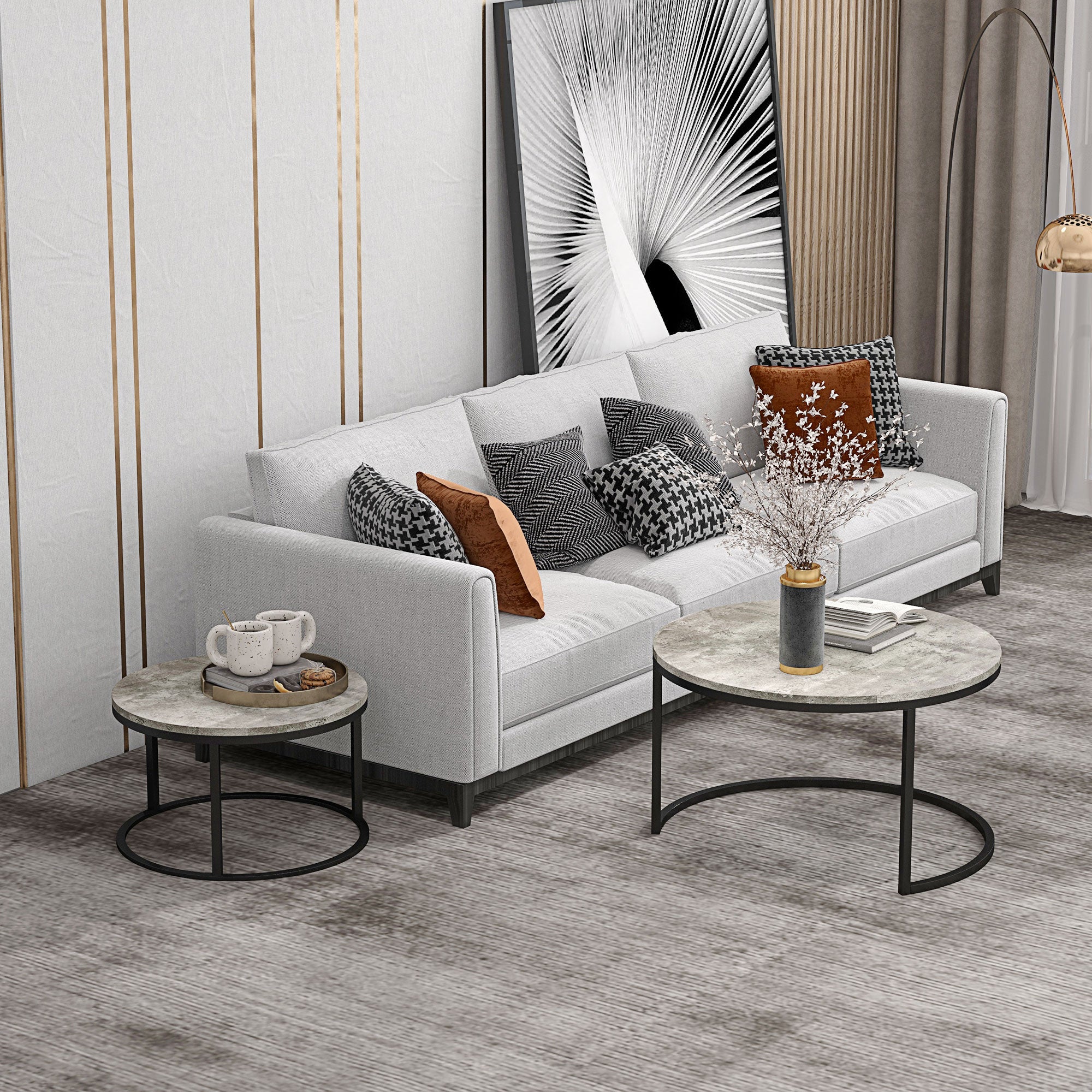 HOMCOM Nest of Tables, Round Coffee Table Set of 2, Coffee Tables with Steel Frame for Living Room, Cement Grey