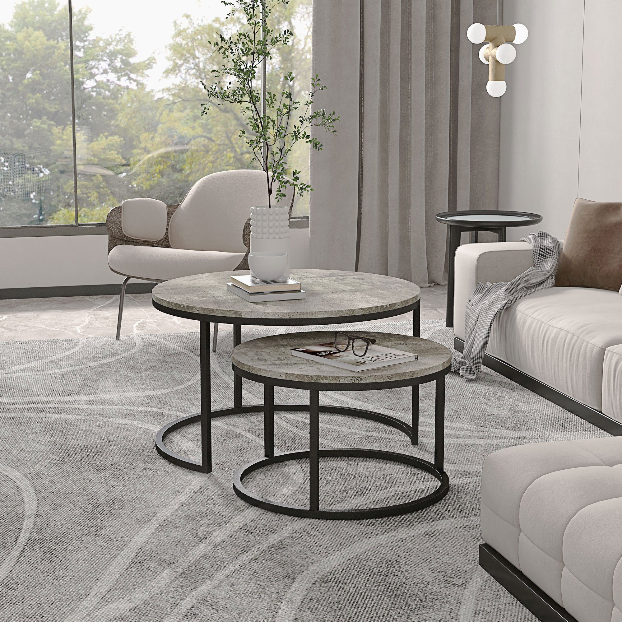 HOMCOM Nest of Tables, Round Coffee Table Set of 2, Coffee Tables with Steel Frame for Living Room, Cement Grey