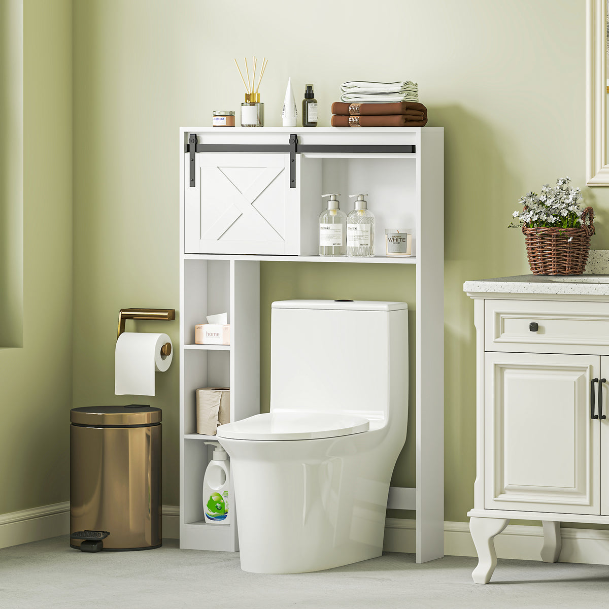 Over-Toilet Storage Cabinet with Sliding Barn Door, Farmhouse Bathroom Cabinet with Compartments & Adjustable Shelf, Freestanding Bathroom Space Saver for Restroom, White