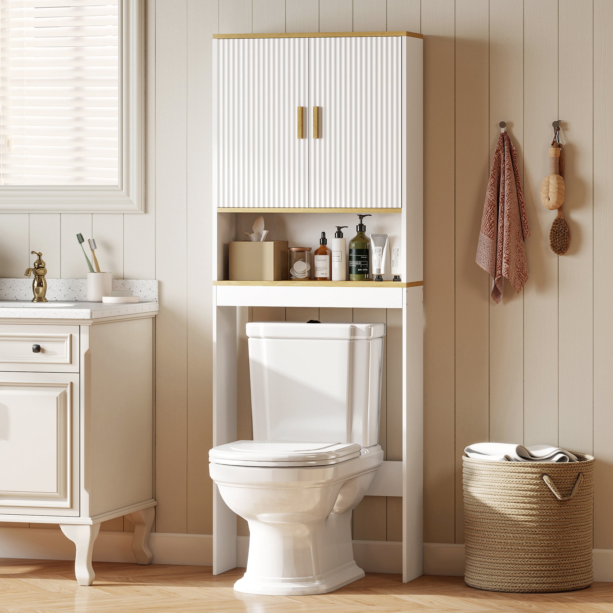 Over the Toilet Storage Shelf, 3-Tier over Toilet Bathroom Organizer Space Saver with Adjustable Shelf, Freestanding for Bathroom, Laundry, White and Oak