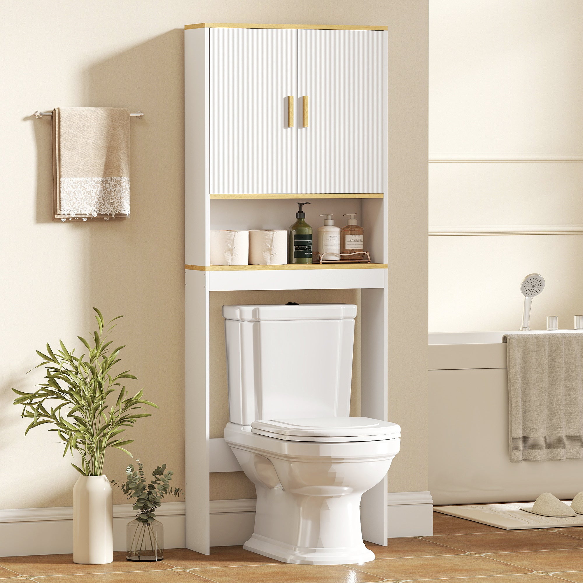 Over the Toilet Storage Shelf, 3-Tier over Toilet Bathroom Organizer Space Saver with Adjustable Shelf, Freestanding for Bathroom, Laundry, White and Oak