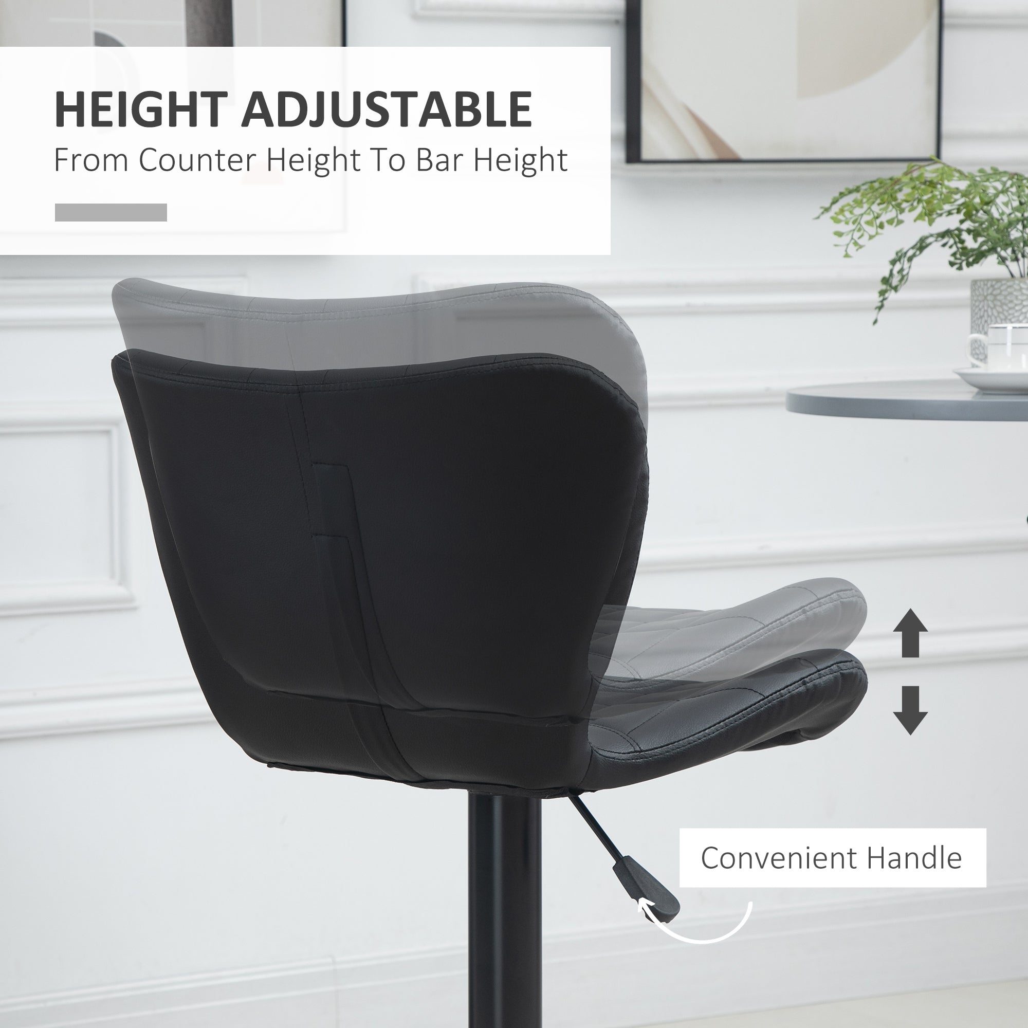 HOMCOM Bar Stools Set of 2, Adjustable Height Swivel Bar Chairs, PU Leather Upholstered Kitchen Counter Stools with Wide Seat, Back and Footrest, Black