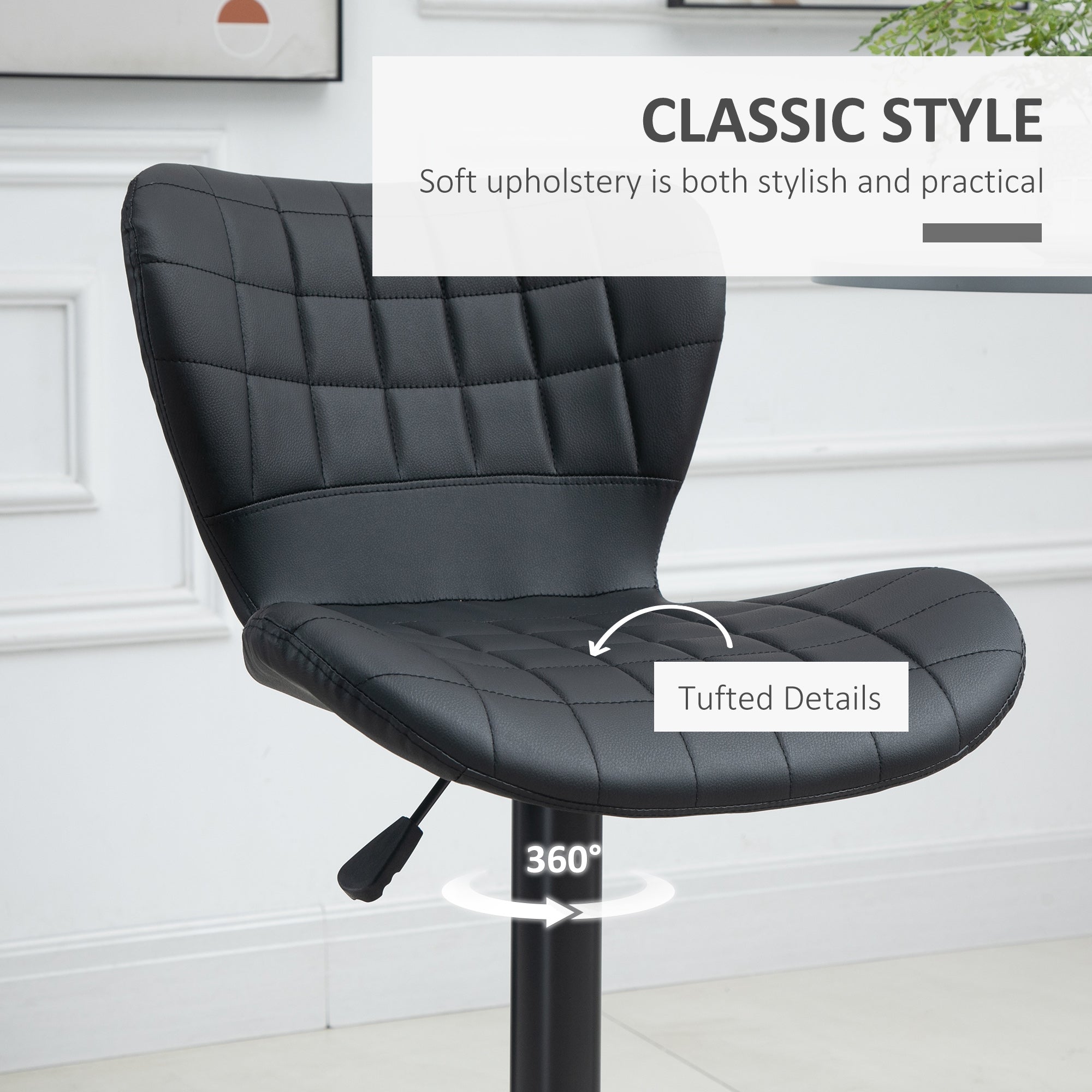 HOMCOM Bar Stools Set of 2, Adjustable Height Swivel Bar Chairs, PU Leather Upholstered Kitchen Counter Stools with Wide Seat, Back and Footrest, Black