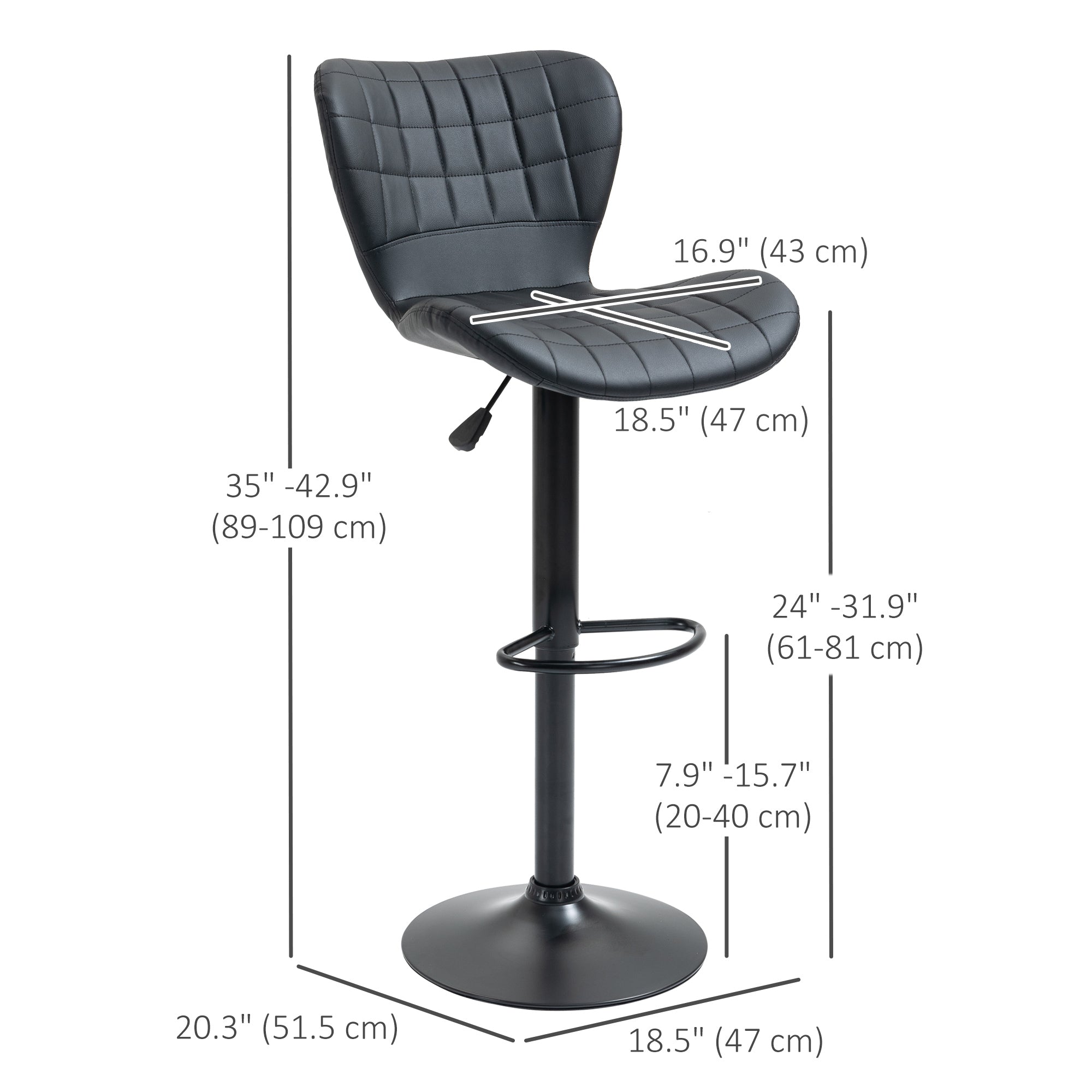 HOMCOM Bar Stools Set of 2, Adjustable Height Swivel Bar Chairs, PU Leather Upholstered Kitchen Counter Stools with Wide Seat, Back and Footrest, Black