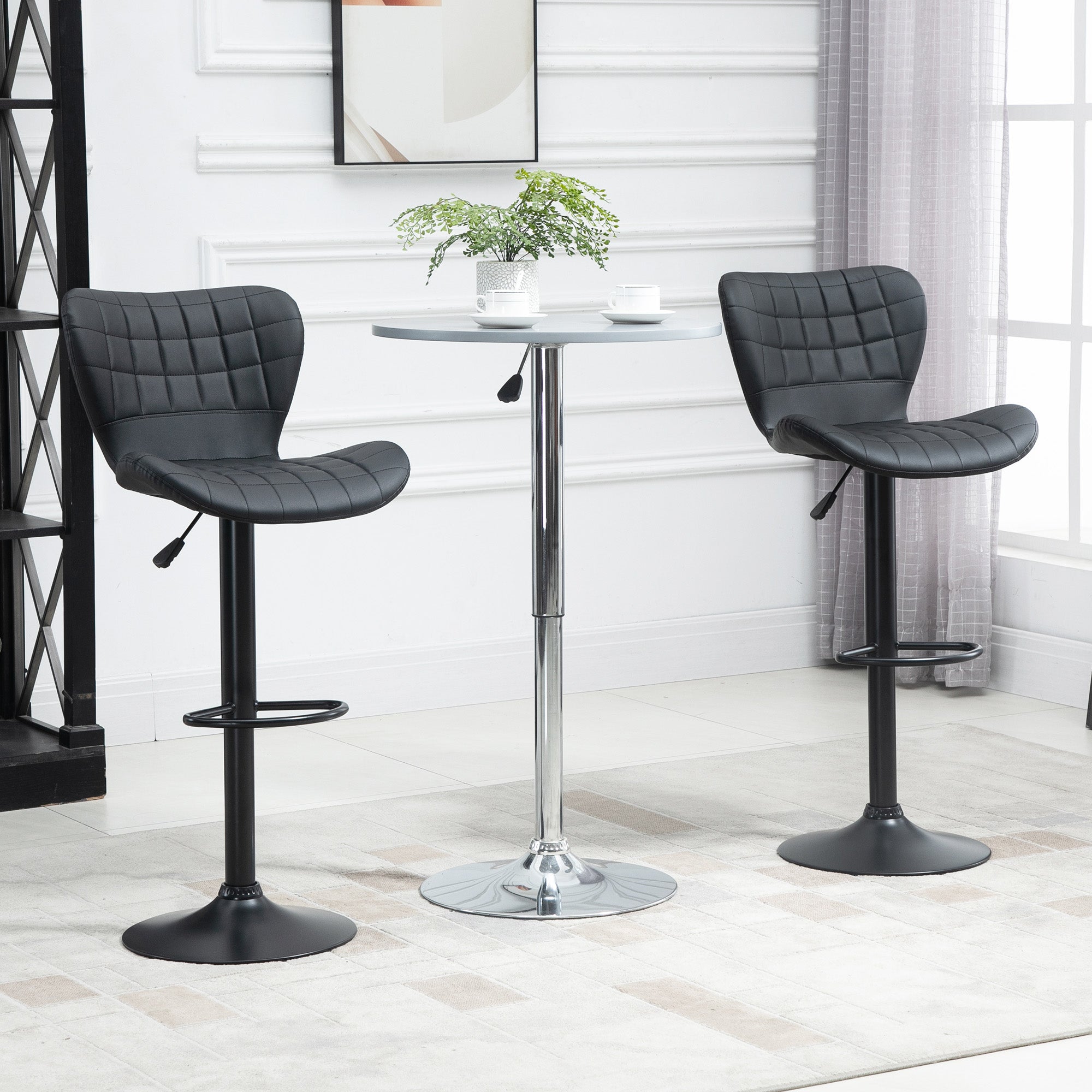 HOMCOM Bar Stools Set of 2, Adjustable Height Swivel Bar Chairs, PU Leather Upholstered Kitchen Counter Stools with Wide Seat, Back and Footrest, Black