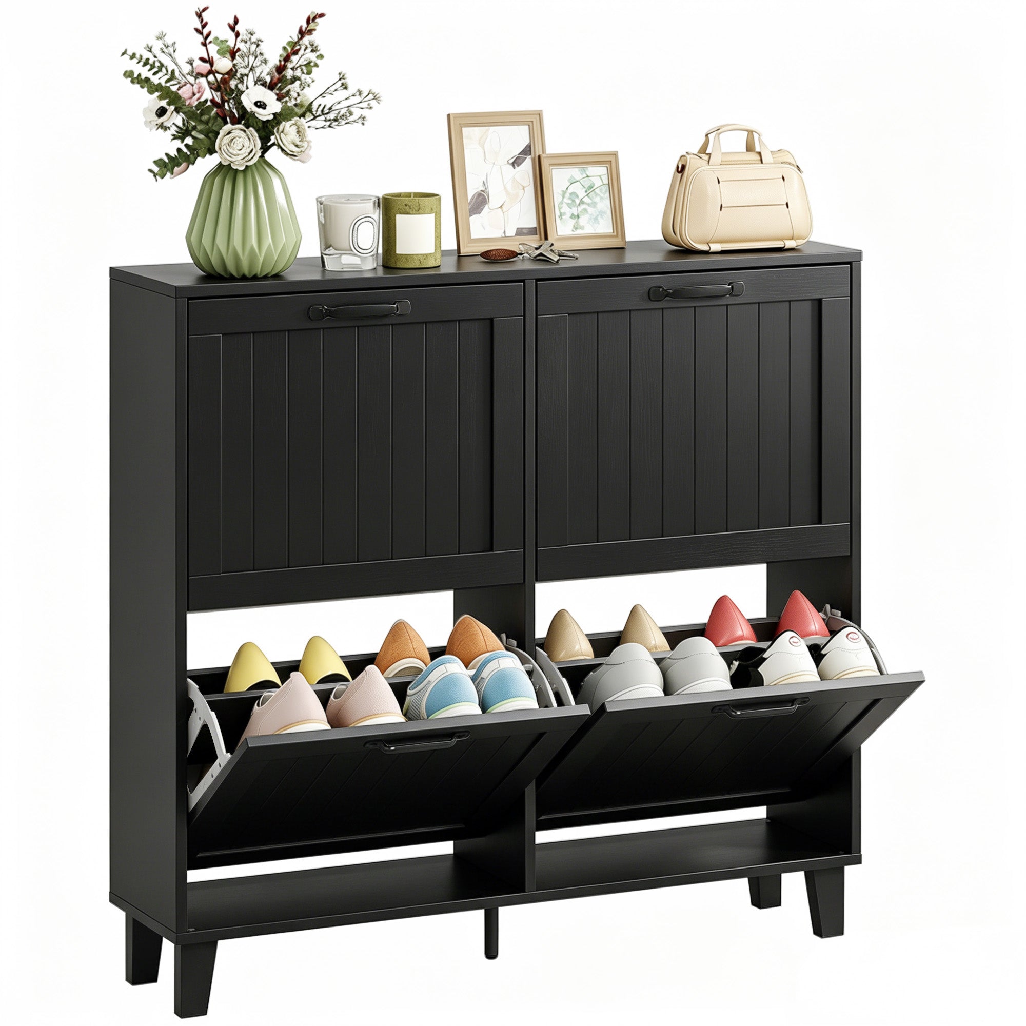 Shoe Cabinet with 4 Flip Drawers, Freestanding Narrow Shoe Storage Cabinet with Adjustable Shelves, Open Back, Bamboo Legs for Entryway, Hallway, Holds 16-20 Pairs, Black