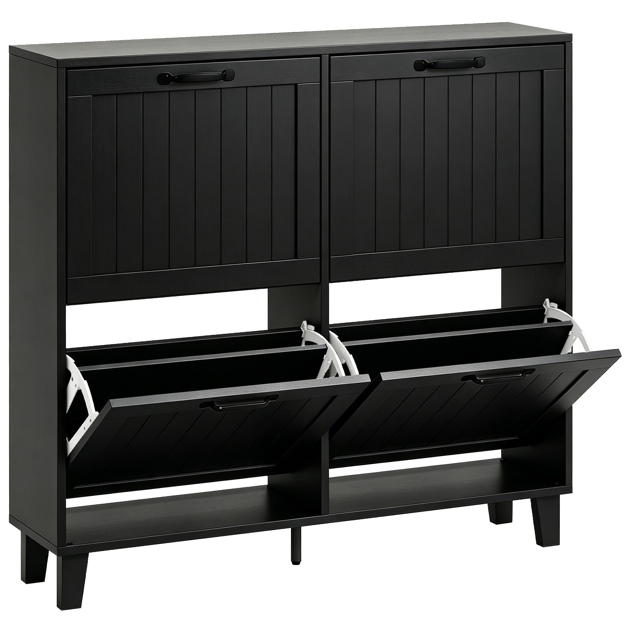 Shoe Cabinet with 4 Flip Drawers, Freestanding Narrow Shoe Storage Cabinet with Adjustable Shelves, Open Back, Bamboo Legs for Entryway, Hallway, Holds 16-20 Pairs, Black