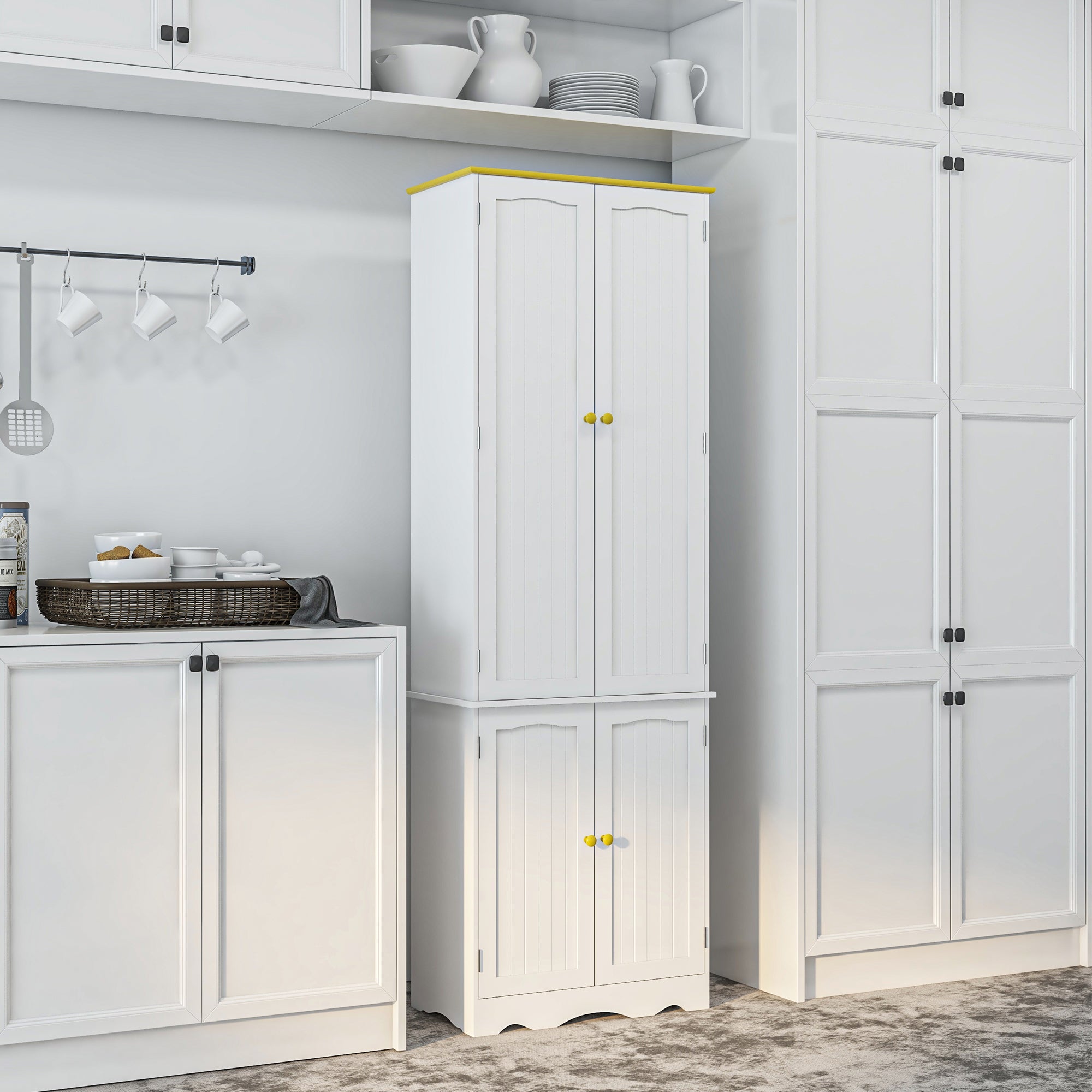 Freestanding 4-Door Kitchen Cupboard, Storage Cabinet Organizer with 4 Shelves, 183cm, White