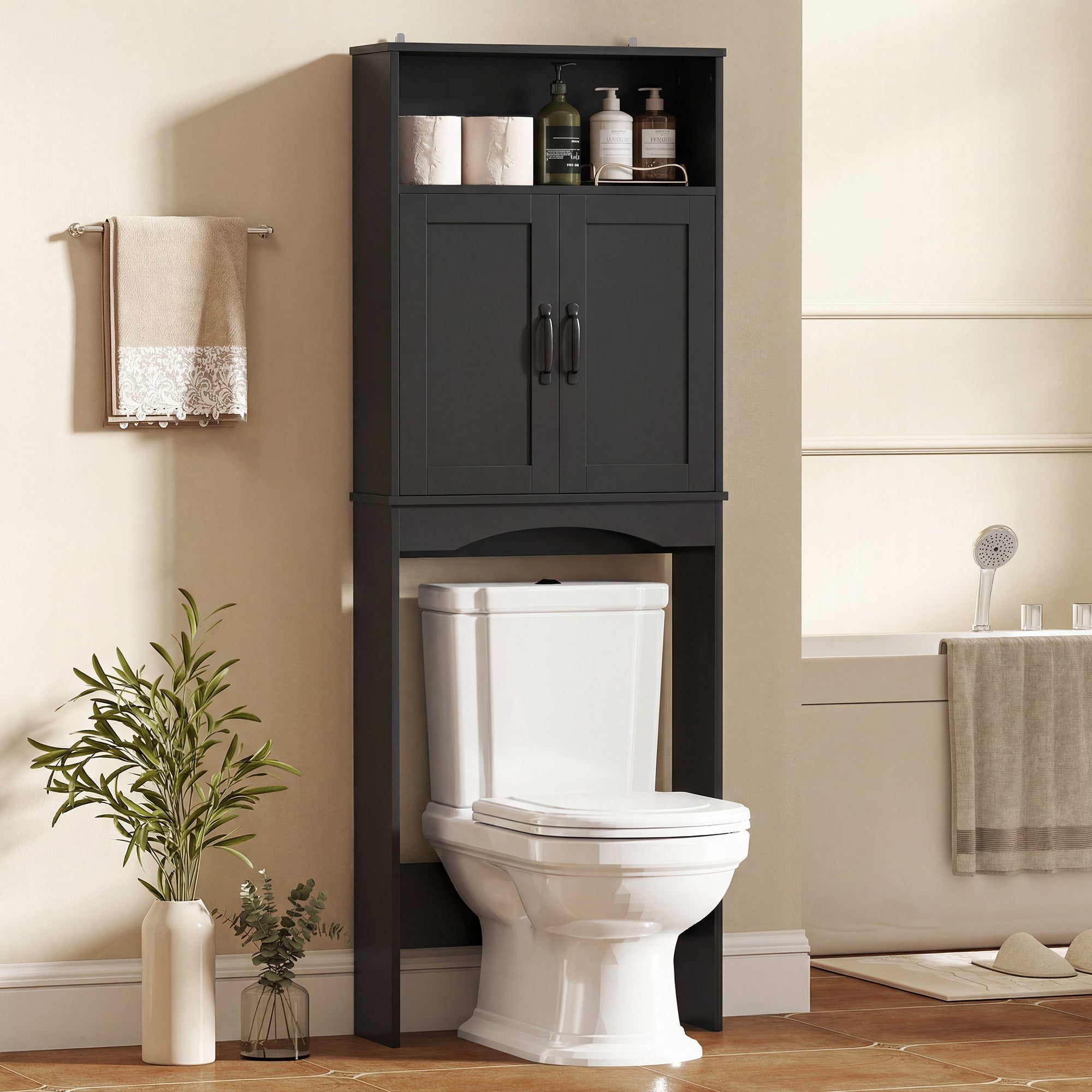 Over the Toilet Storage Cabinet, Over Toilet Bathroom Organizer with 2 Doors and Open Shelf, Freestanding Above Restroom Space Saver for Bathroom, Laundry, Restroom, Black