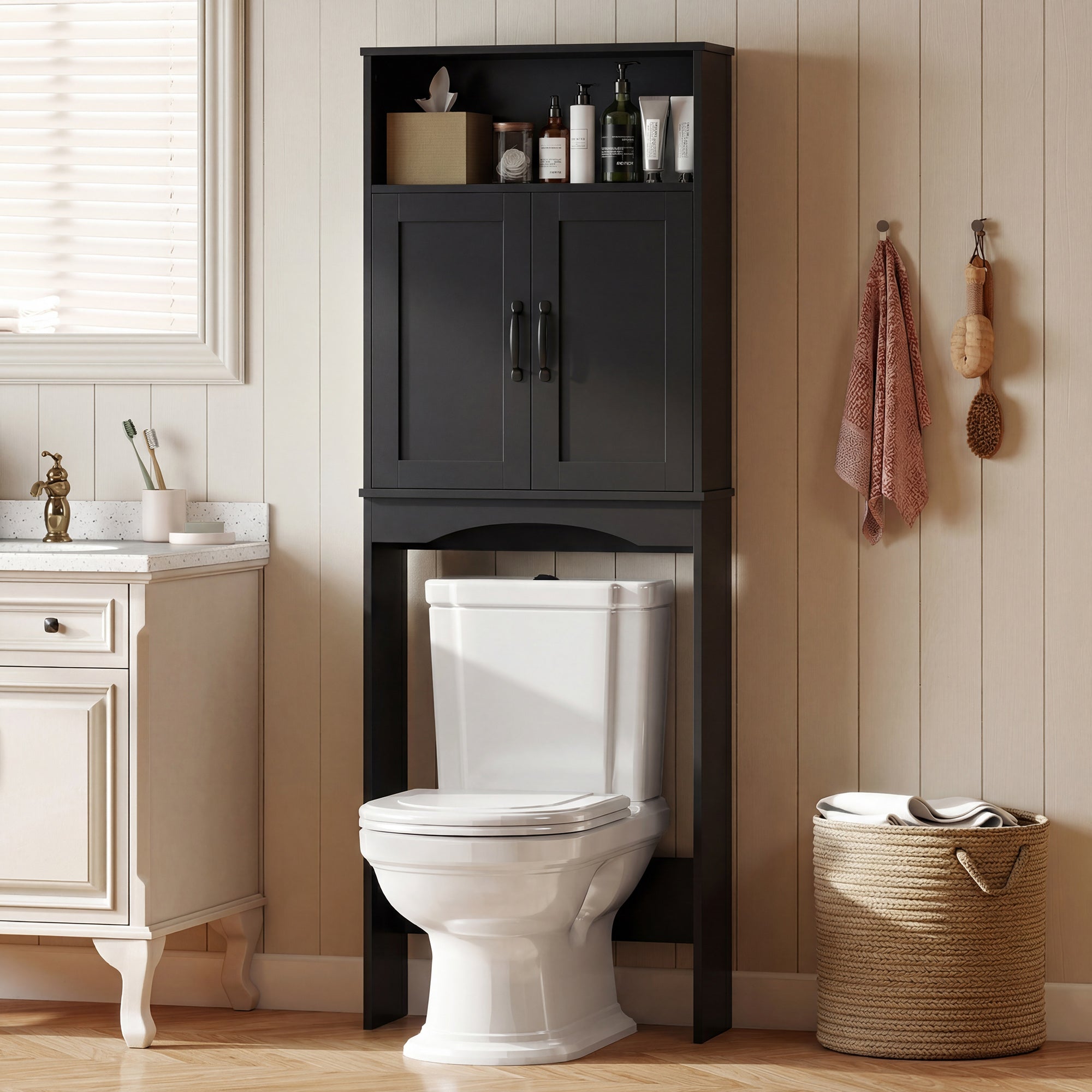 Over the Toilet Storage Cabinet, Over Toilet Bathroom Organizer with 2 Doors and Open Shelf, Freestanding Above Restroom Space Saver for Bathroom, Laundry, Restroom, Black