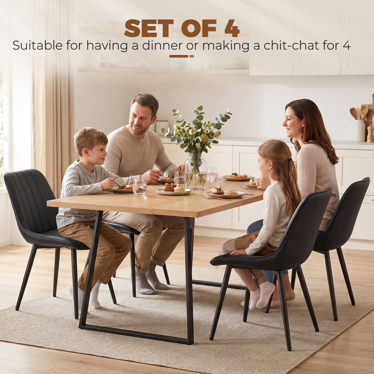 Dining Chairs Set of 4, Modern Faux Leather Upholstered Kitchen Chairs with Metal Legs for Dining Room, Kitchen, Living Room, Black