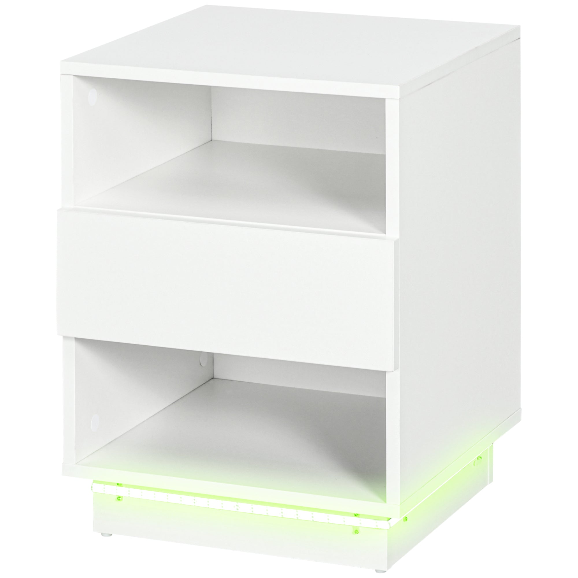 HOMCOM Bedside Table with LED Light, LED Nightstand with Drawer, 2 Shelves and Remote, Modern Side Table for Bedroom, White