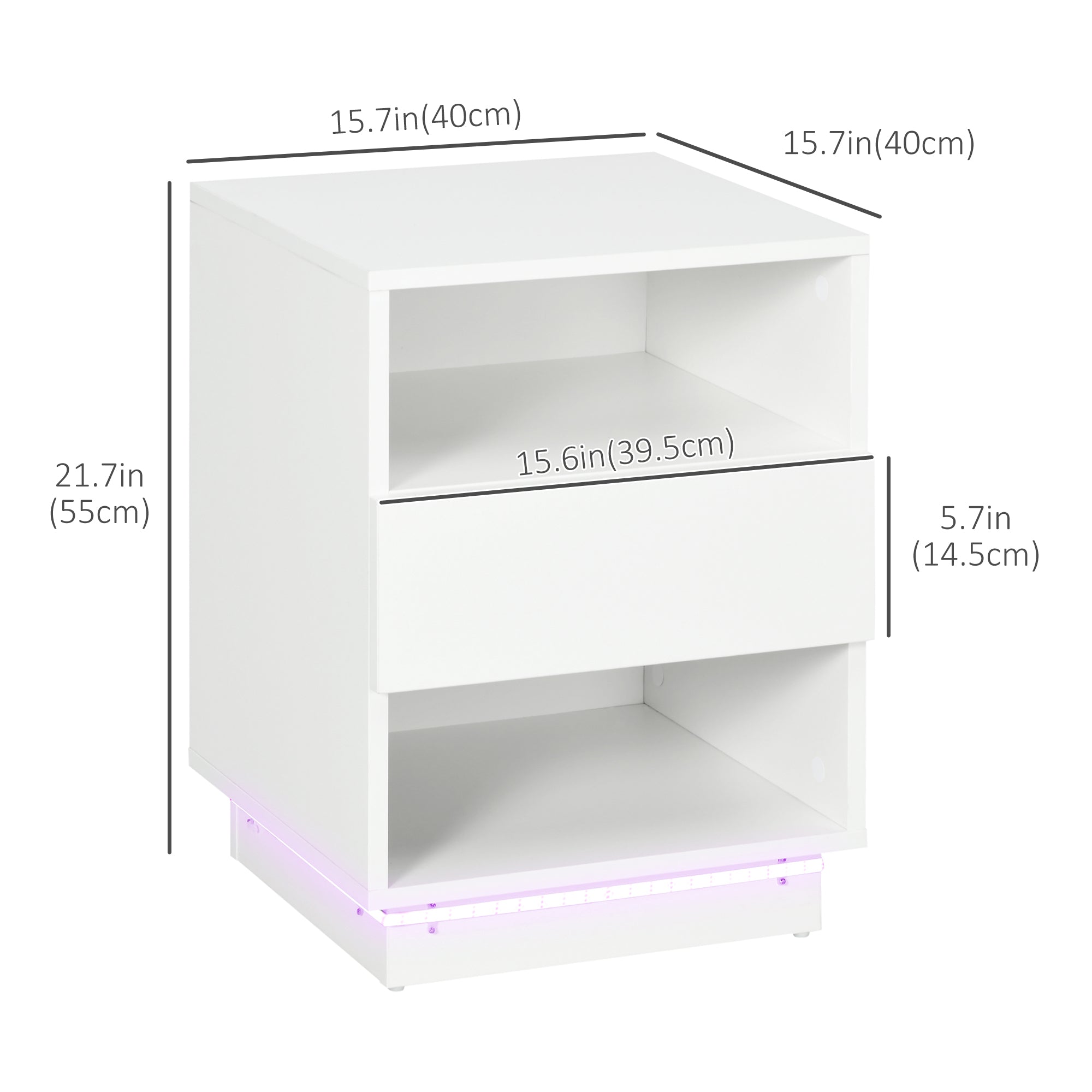 HOMCOM Bedside Table with LED Light, LED Nightstand with Drawer, 2 Shelves and Remote, Modern Side Table for Bedroom, White