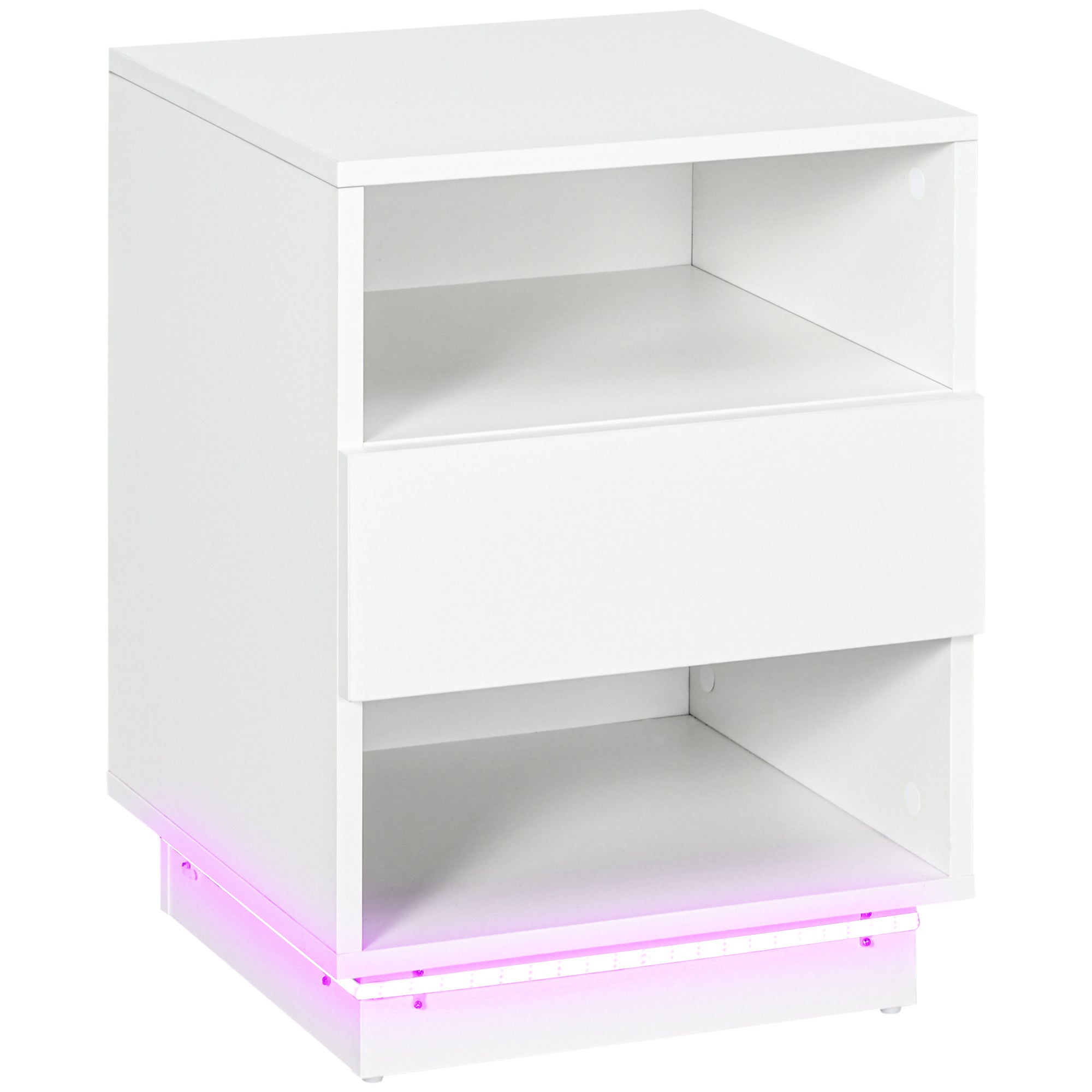 HOMCOM Bedside Table with LED Light, LED Nightstand with Drawer, 2 Shelves and Remote, Modern Side Table for Bedroom, White