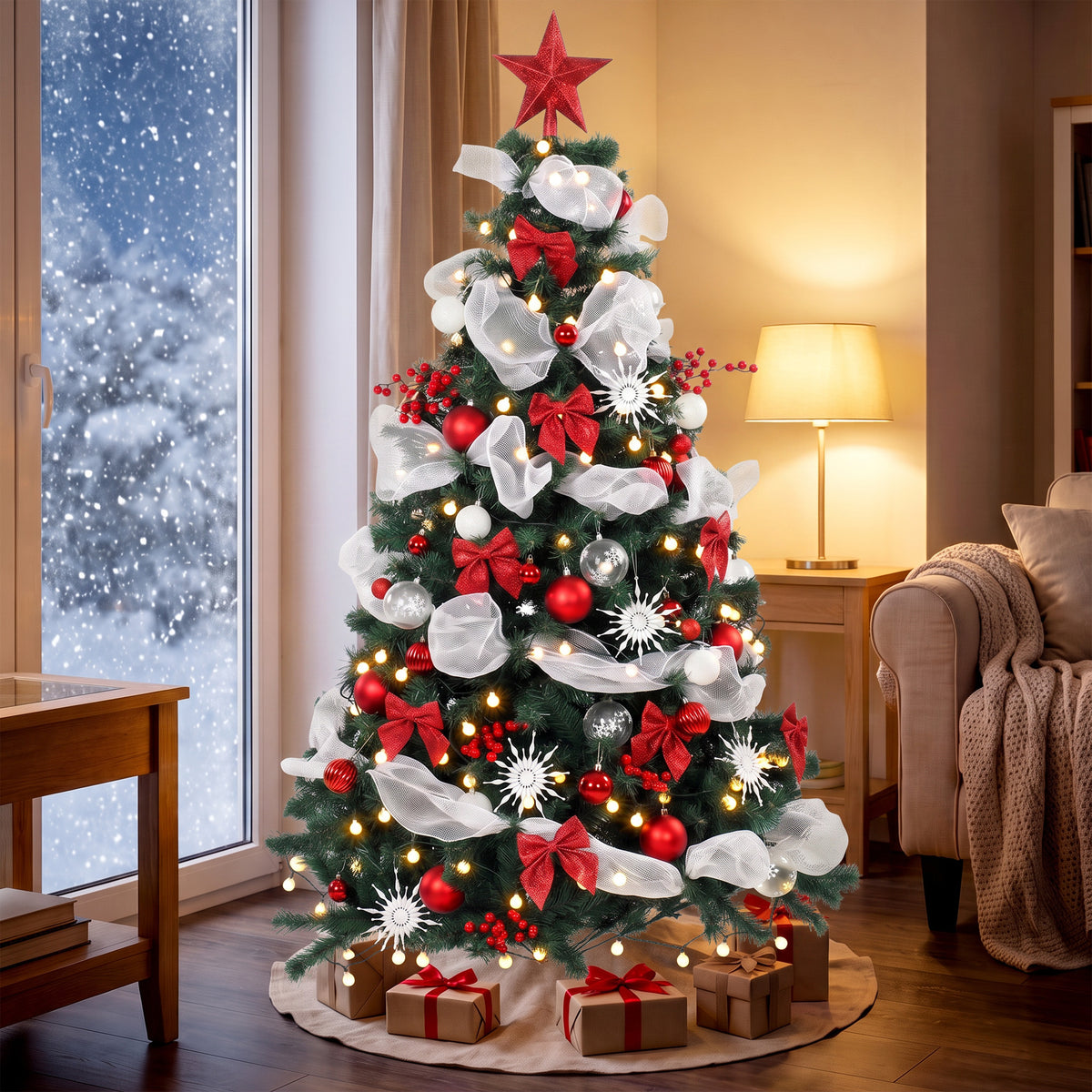 6ft Prelit Christmas Tree Spruce, Remote, Hinged, Artificial Xmas Tree with 8 Modes, 800 Tips, 200 LEDs, Balls, Ribbons, Bows, Foldable Metal Base, Green and Red