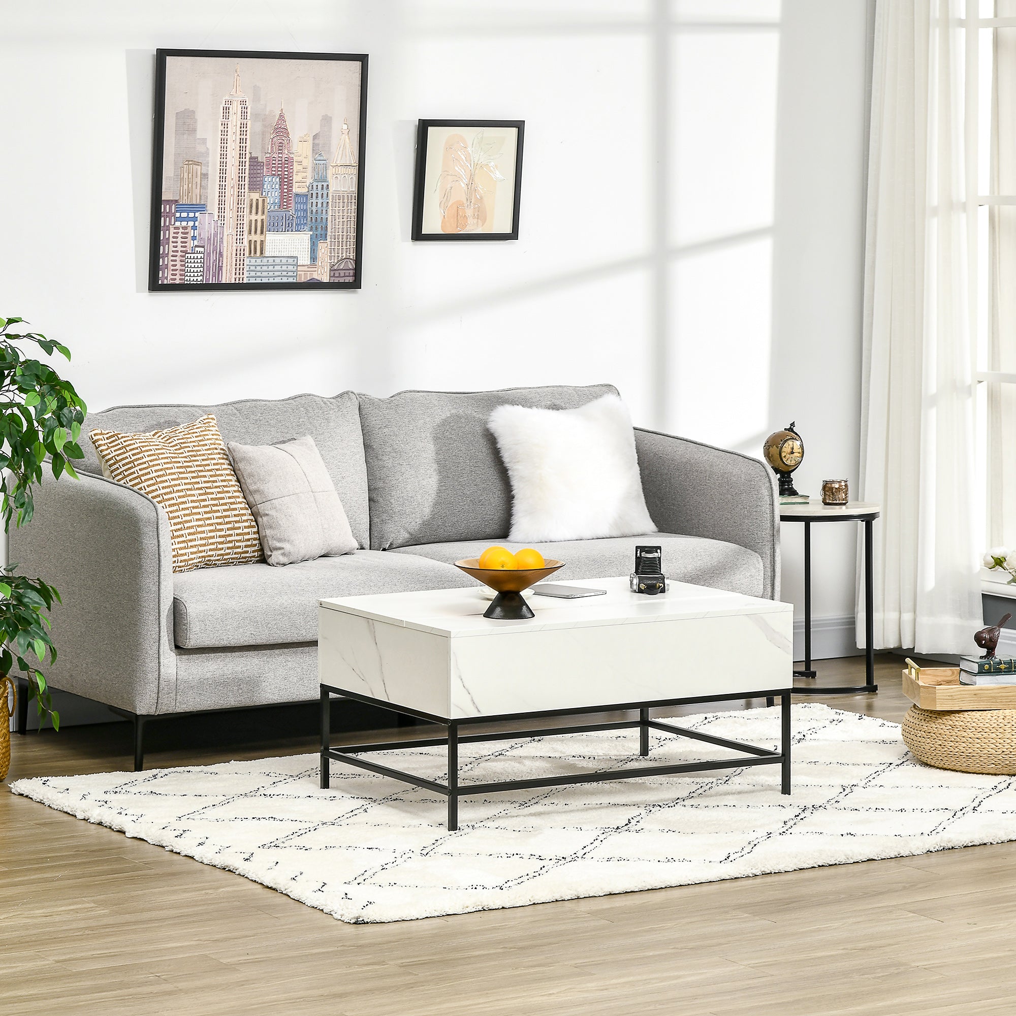 Modern Lift Top Coffee Table with Hidden Storage Compartment and Metal Legs Living Room White