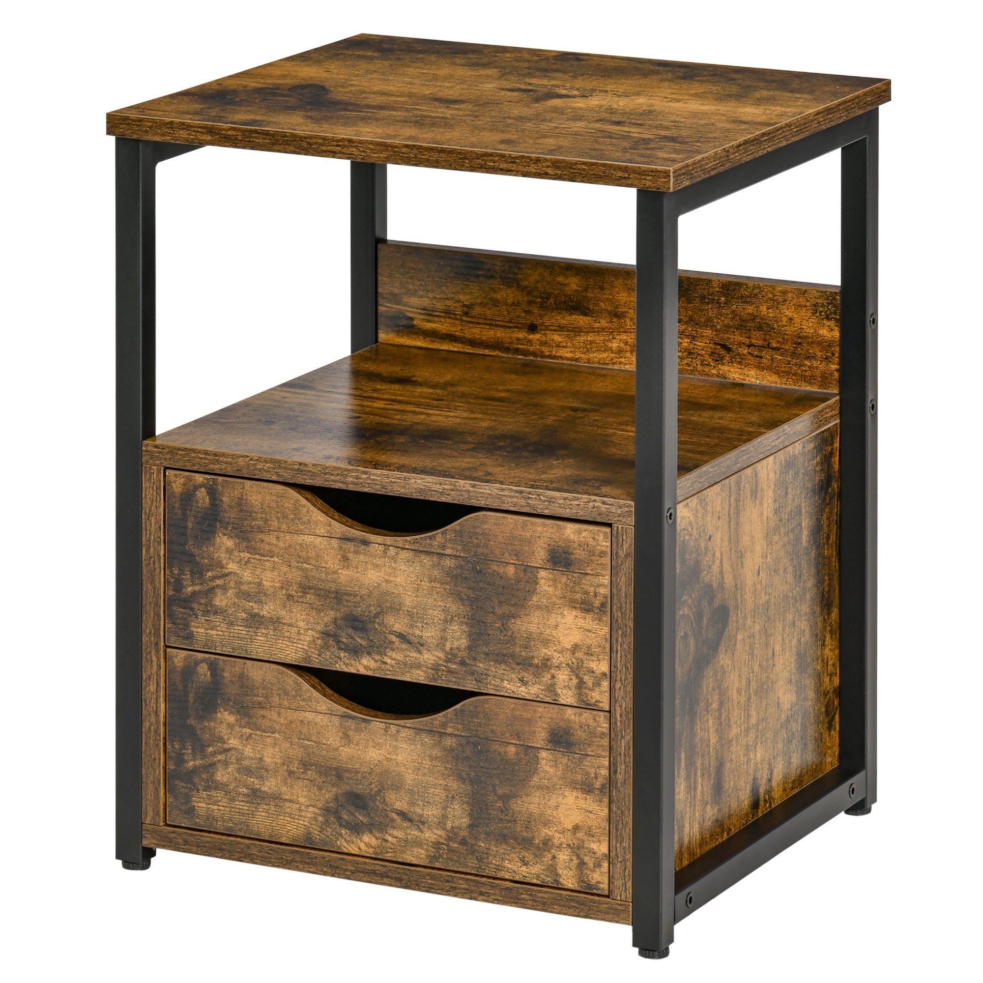 HOMCOM Industrial Side Table with Drawer, Sofa Table, Bedside Cabinet with Storage Shelf, Slim Nightstand for Living Room, Bedroom, Rustic Brown