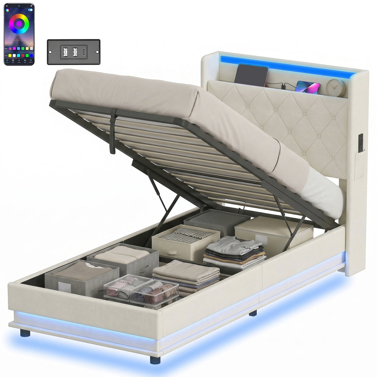 3ft Single Ottoman Bed Frame with Hydraulic Storage, APP Control LED Lights and Charging Station, Upholstered Lift Up Storage Bed Frame with Headboard, No Box Spring Needed, Cream White