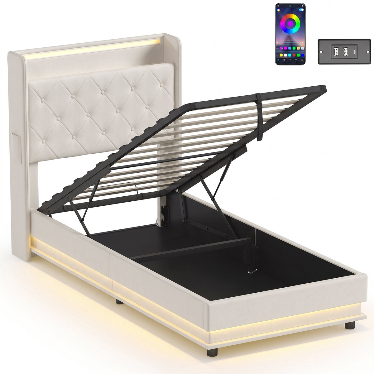 3ft Single Ottoman Bed Frame with Hydraulic Storage, APP Control LED Lights and Charging Station, Upholstered Lift Up Storage Bed Frame with Headboard, No Box Spring Needed, Cream White