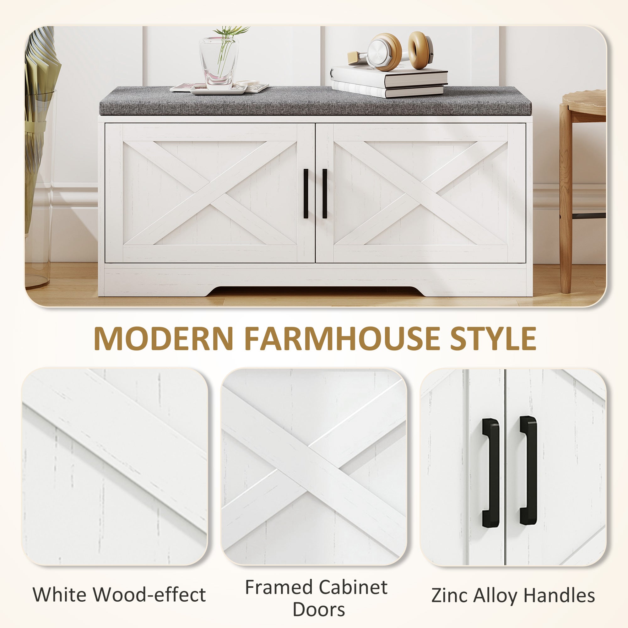 2-Tier Shoe Storage Bench, Shoe Bench with Cushion, Adjustable Shelves & 2 Doors, Modern Farmhouse Style Entryway Cabinet for Hallway, Bedroom, White