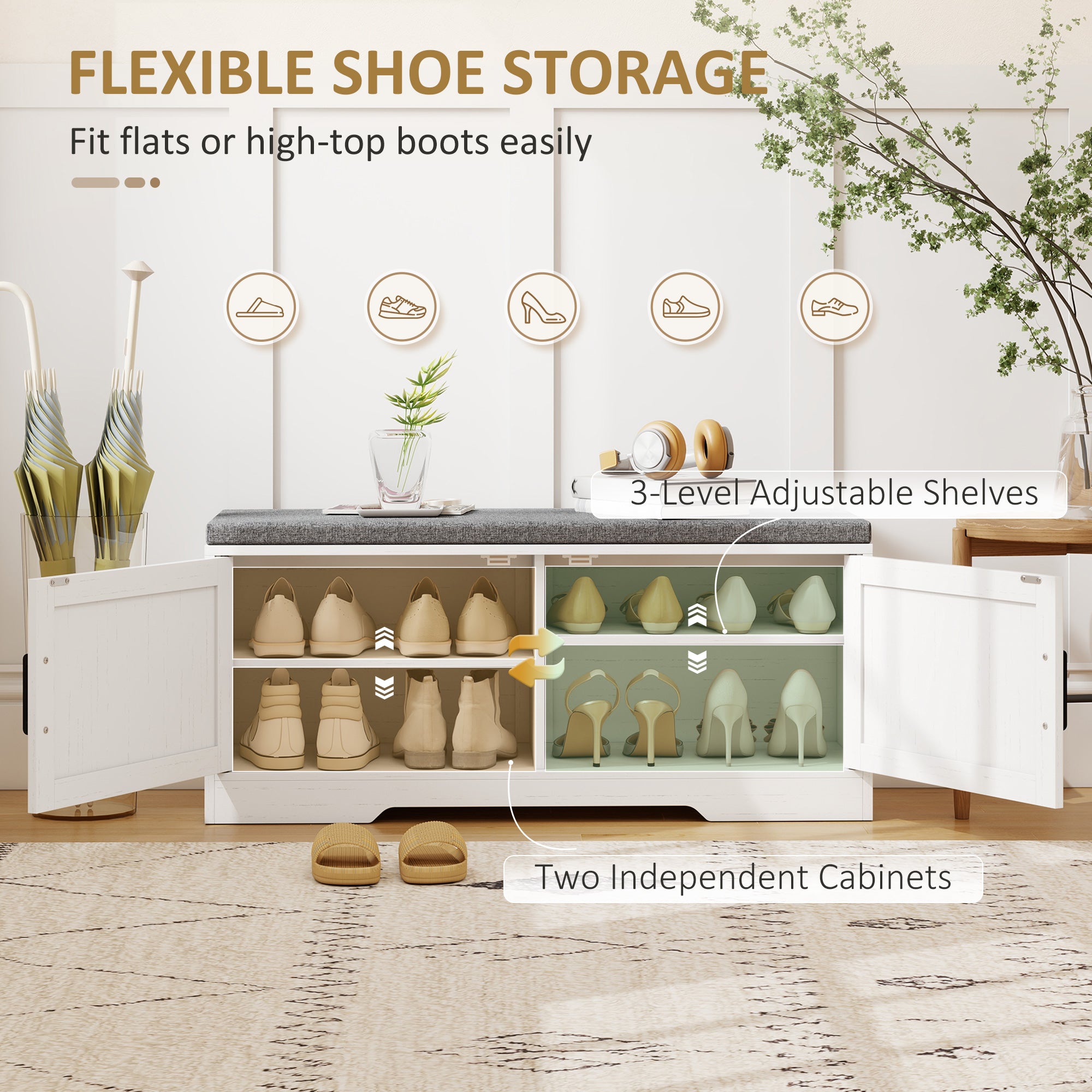2-Tier Shoe Storage Bench, Shoe Bench with Cushion, Adjustable Shelves & 2 Doors, Modern Farmhouse Style Entryway Cabinet for Hallway, Bedroom, White