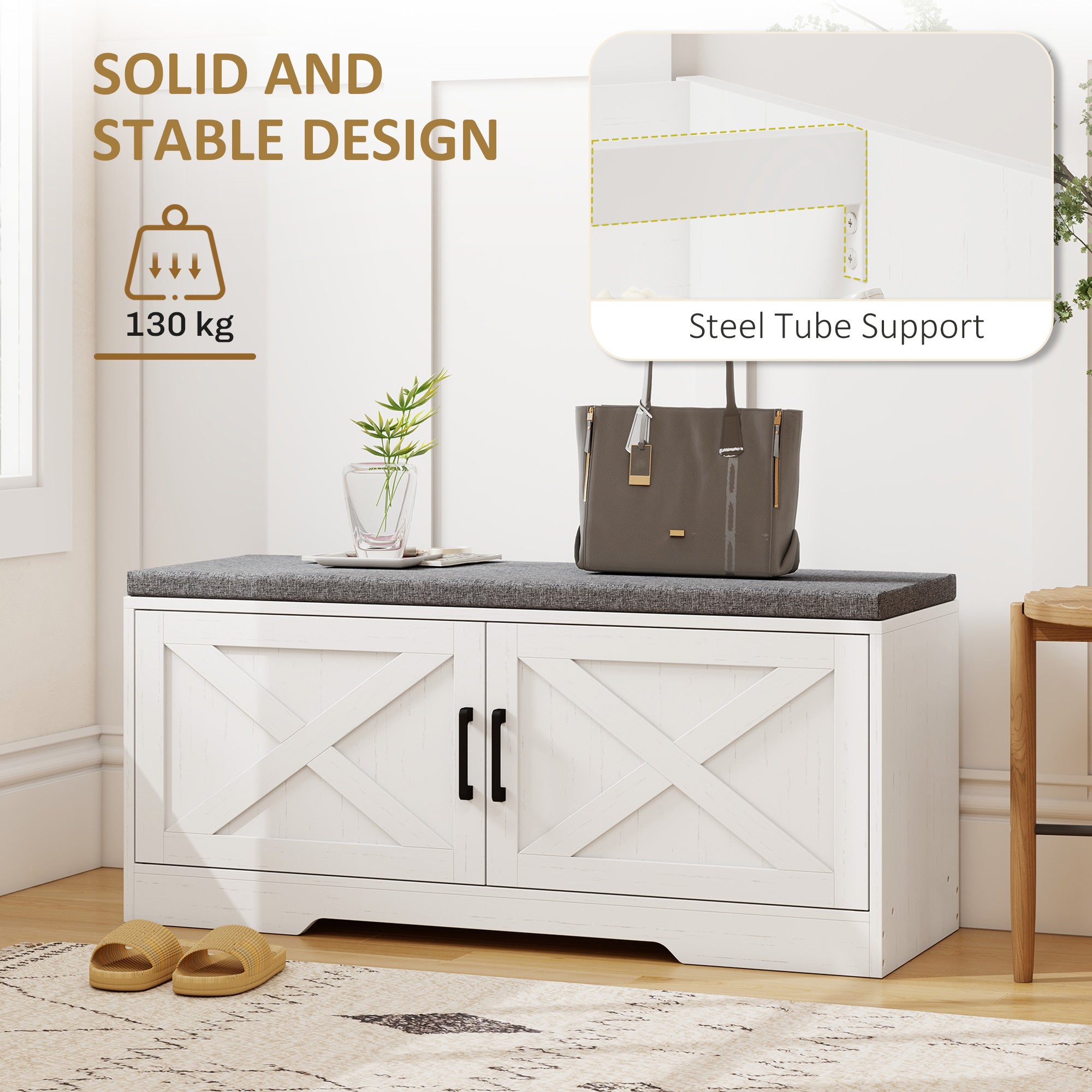 2-Tier Shoe Storage Bench, Shoe Bench with Cushion, Adjustable Shelves & 2 Doors, Modern Farmhouse Style Entryway Cabinet for Hallway, Bedroom, White