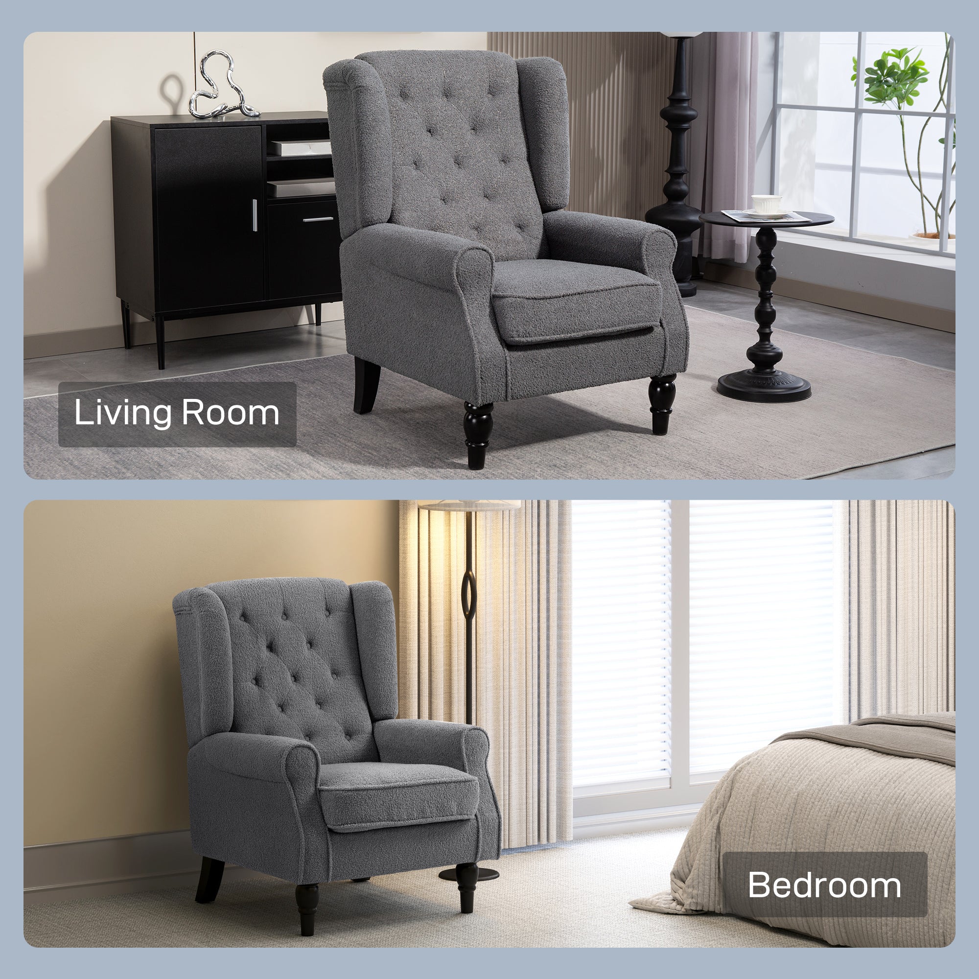 Retro Accent Chair, Teddy Fleece Wingback Armchair with Wood Frame Button Tufted Design for Living Room Bedroom, Charcoal Grey