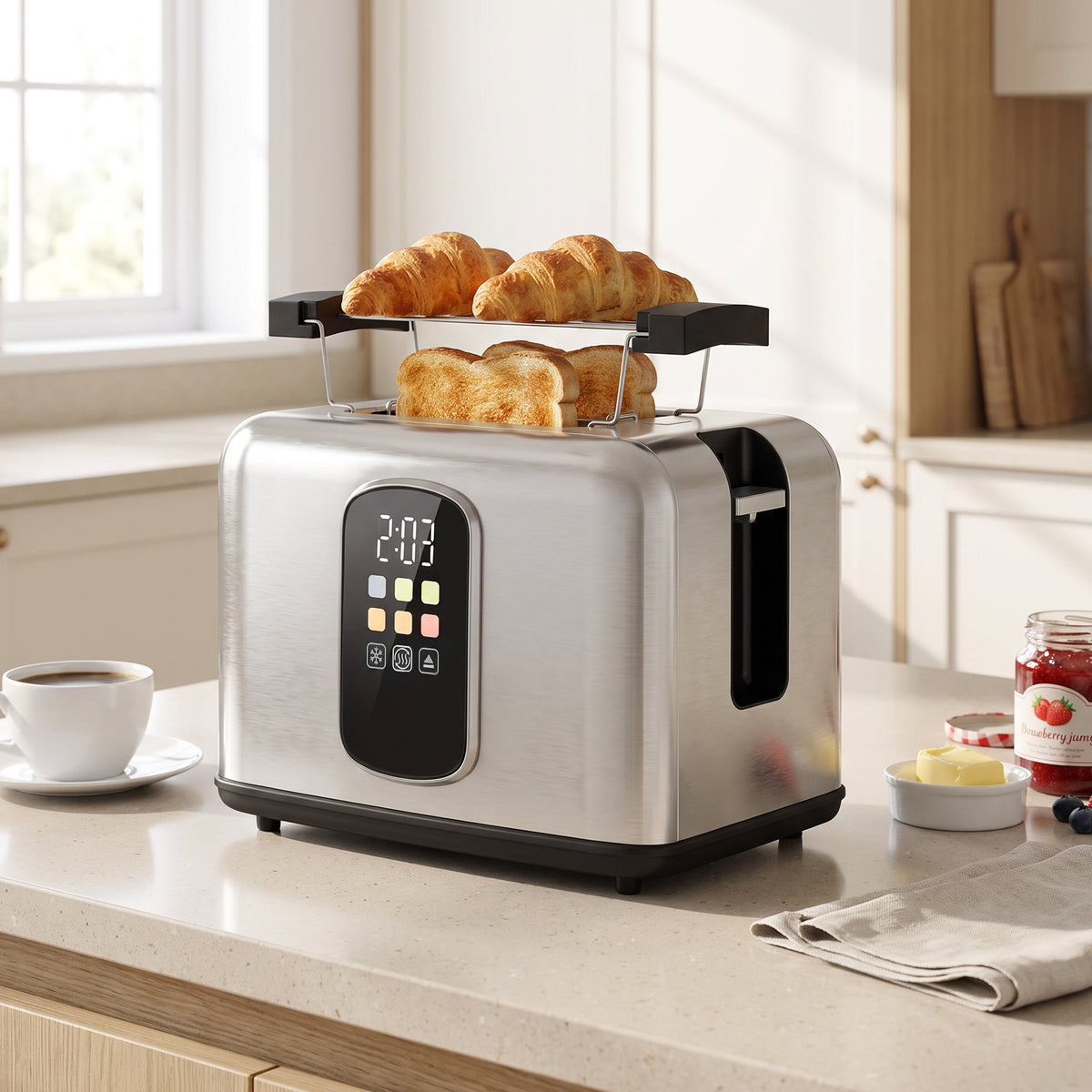 2 Slice Smart Toaster with Touch Screen & LED Countdown, Toaster with Warming Rack, 6 Browning Levels, Memory Function, Reheat/Defrost/Cancel, Removable Crumb Tray, Stainless Steel, 930W