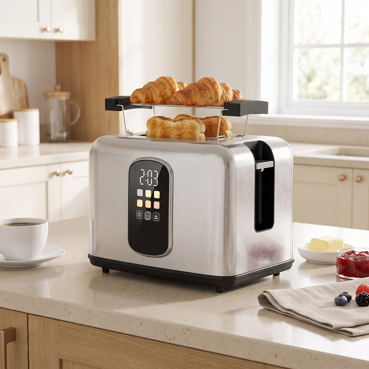 2 Slice Smart Toaster with Touch Screen & LED Countdown, Toaster with Warming Rack, 6 Browning Levels, Memory Function, Reheat/Defrost/Cancel, Removable Crumb Tray, Stainless Steel, 930W