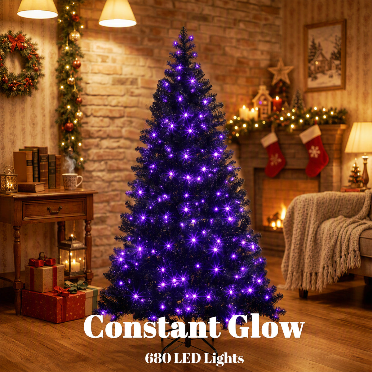 6ft Pre-lit Black Christmas Tree, Artificial Halloween Tree with 680 Purple LED Lights, 680 Tips, Metal Stand, Black