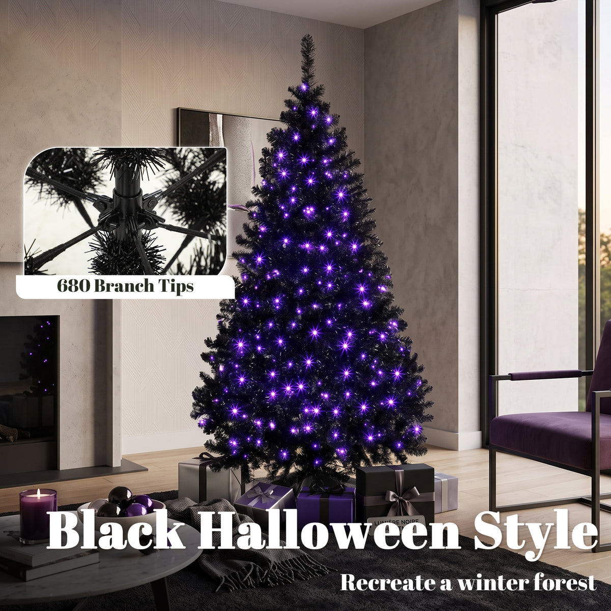 6ft Pre-lit Black Christmas Tree, Artificial Halloween Tree with 680 Purple LED Lights, 680 Tips, Metal Stand, Black
