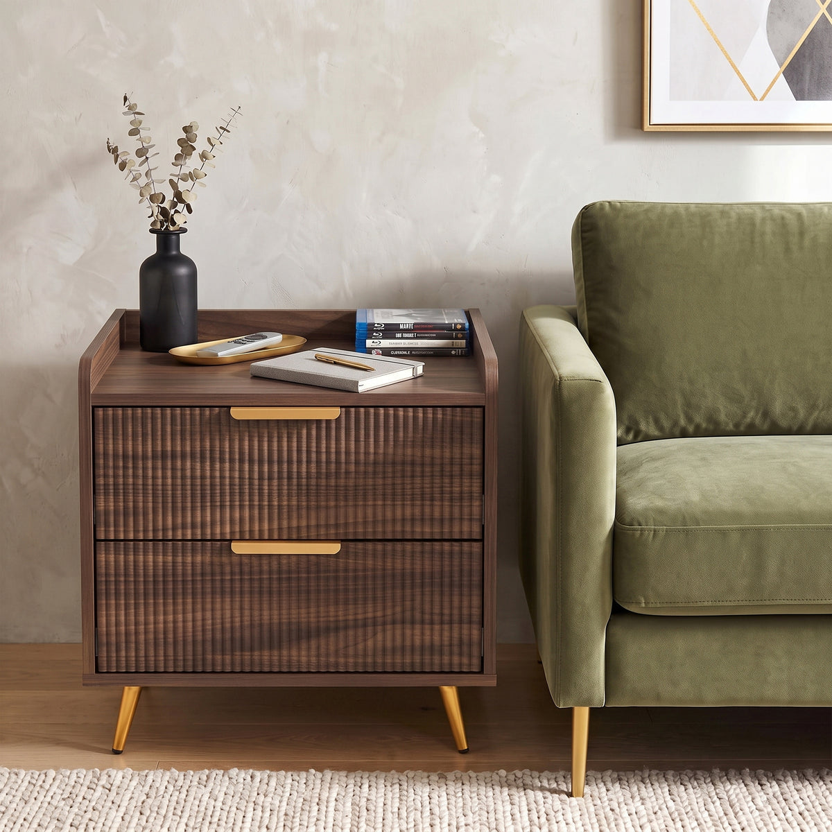 Bedside Table, Bedside Cabinet with 2 Drawers, Side End Table with Metal Legs for Bedroom Living Room, Walnut Brown